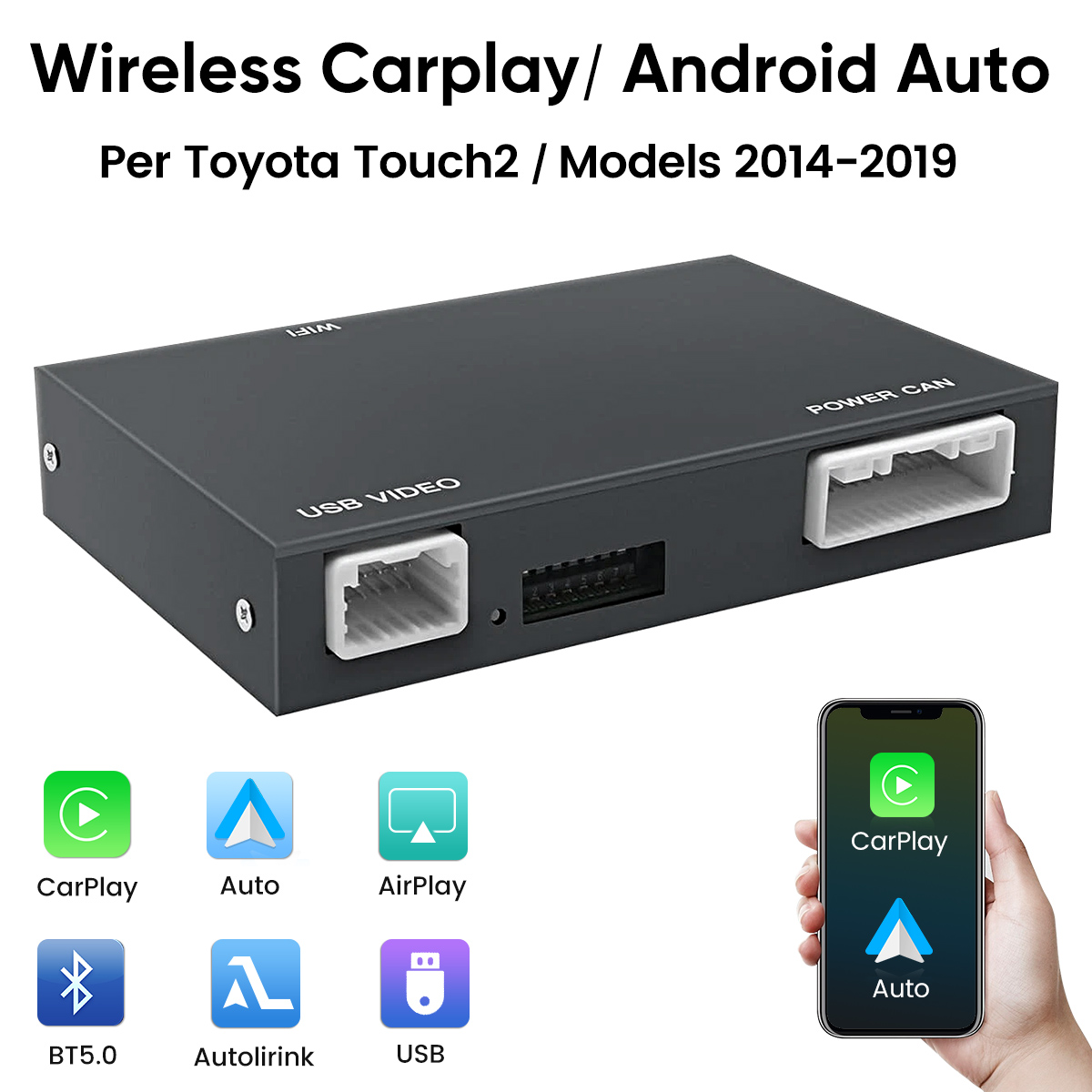 Modulo Carplay/Android Auto per Toyota Touch2, 2014-2019. Mostra icone CarPlay, Auto, AirPlay, BT5.0, Autolirink, USB.