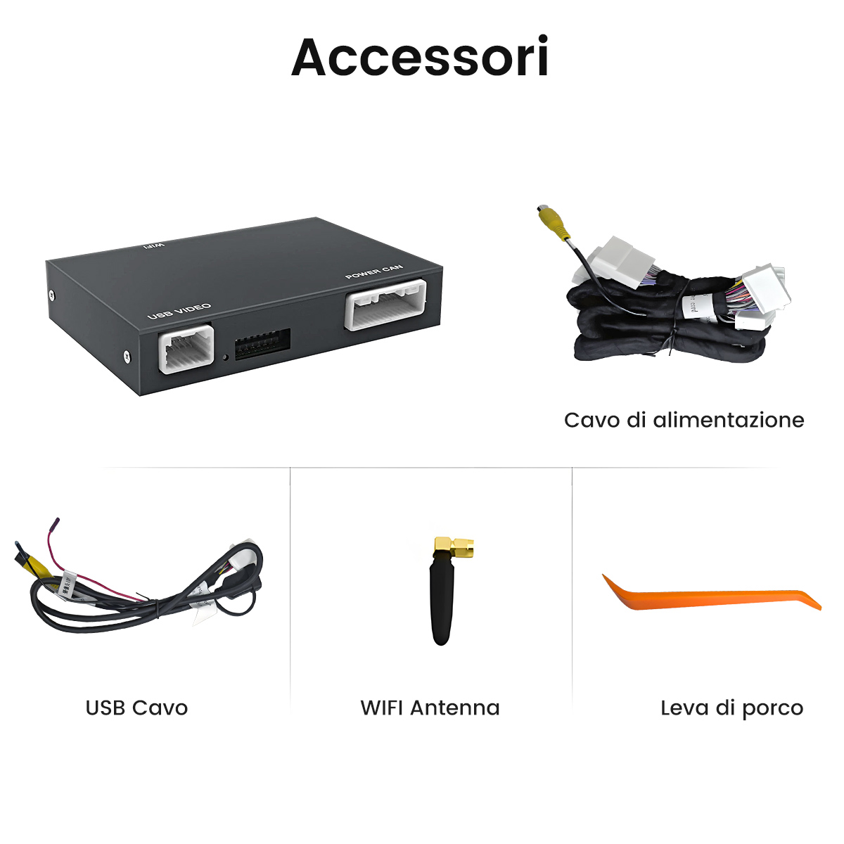 Un'unità di controllo nera con porte, un cavo di alimentazione, un cavo USB, un'antenna e una leva.