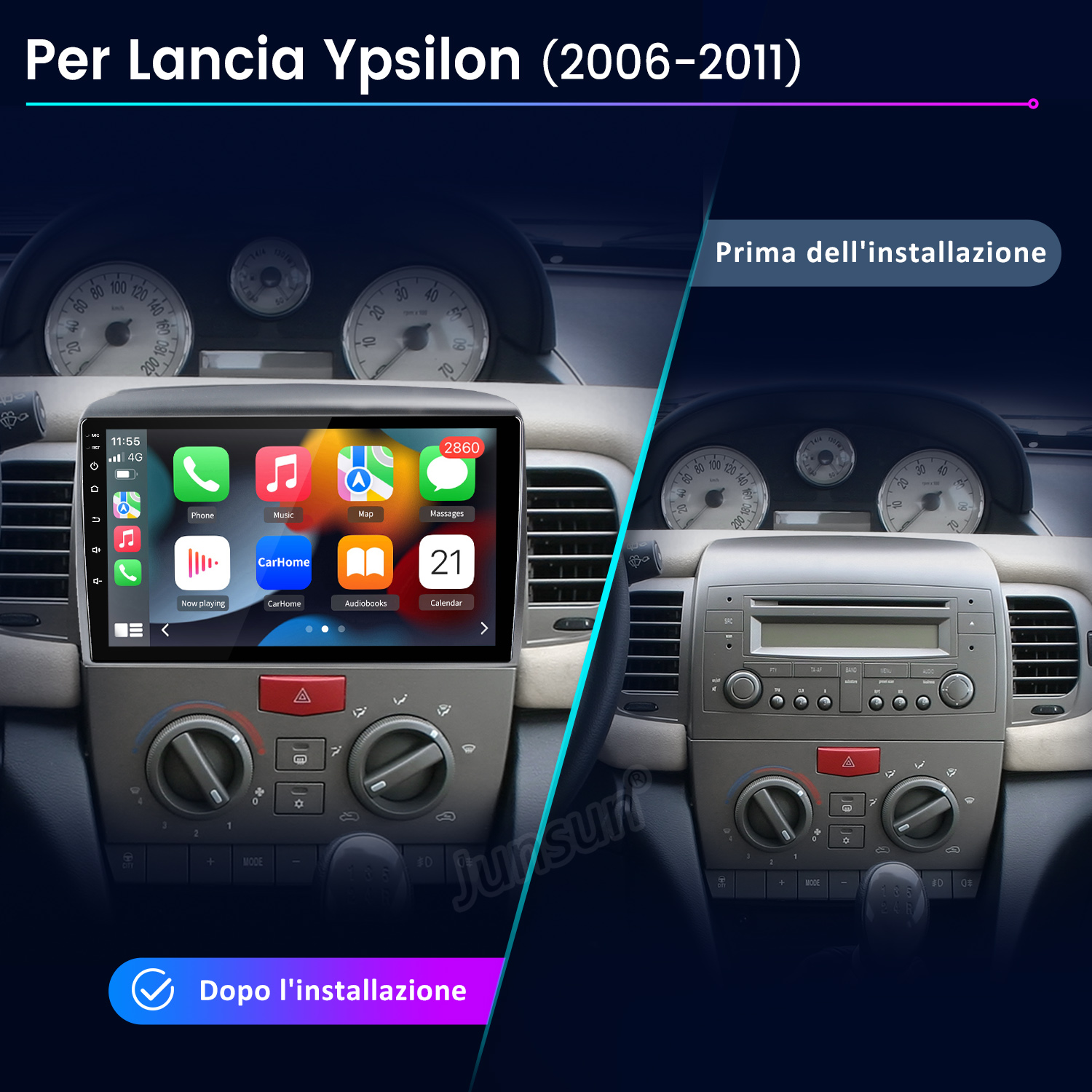 Confronto prima e dopo del cruscotto Lancia Ypsilon con nuovo infotainment.