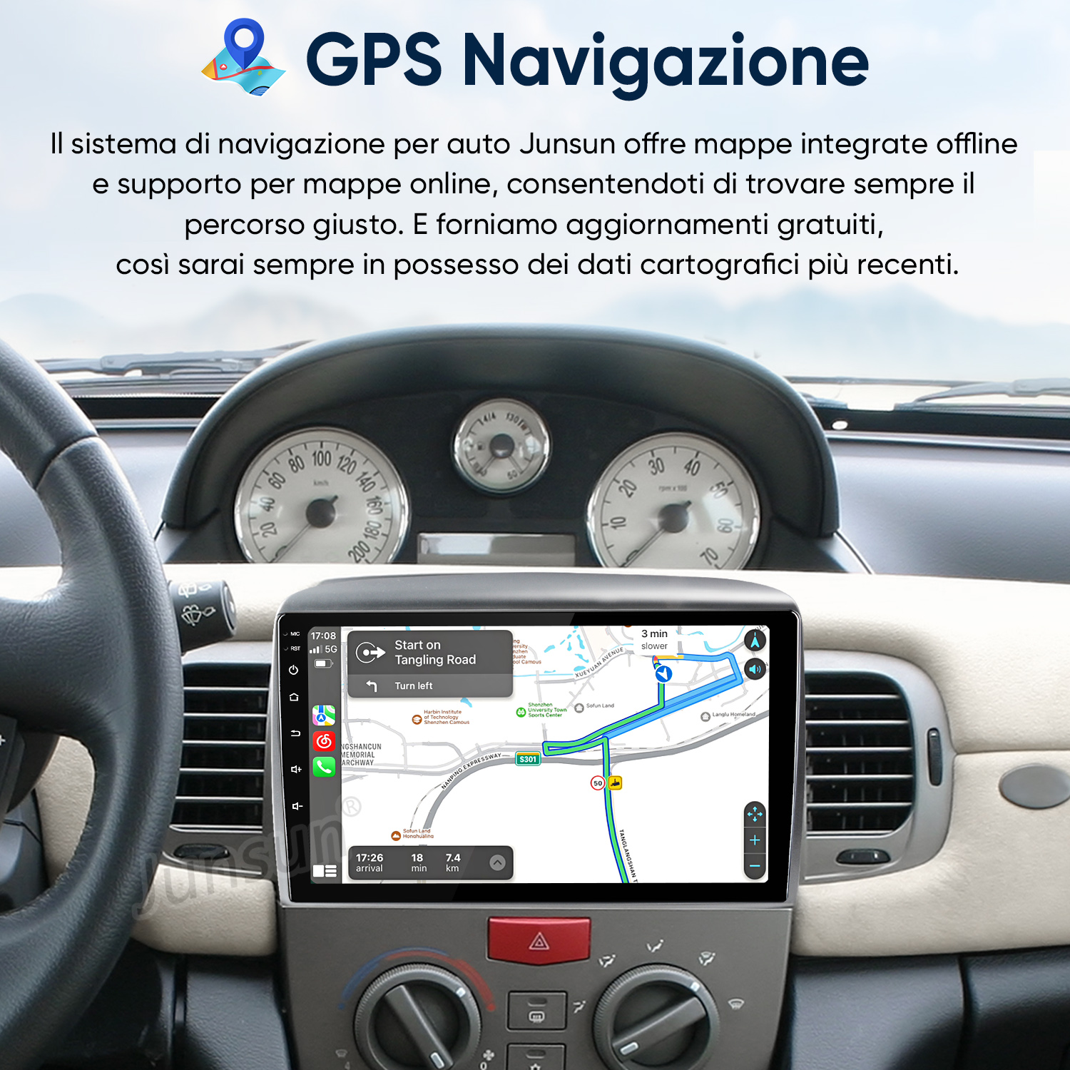 Cruscotto auto con schermo di navigazione GPS che mostra un percorso.