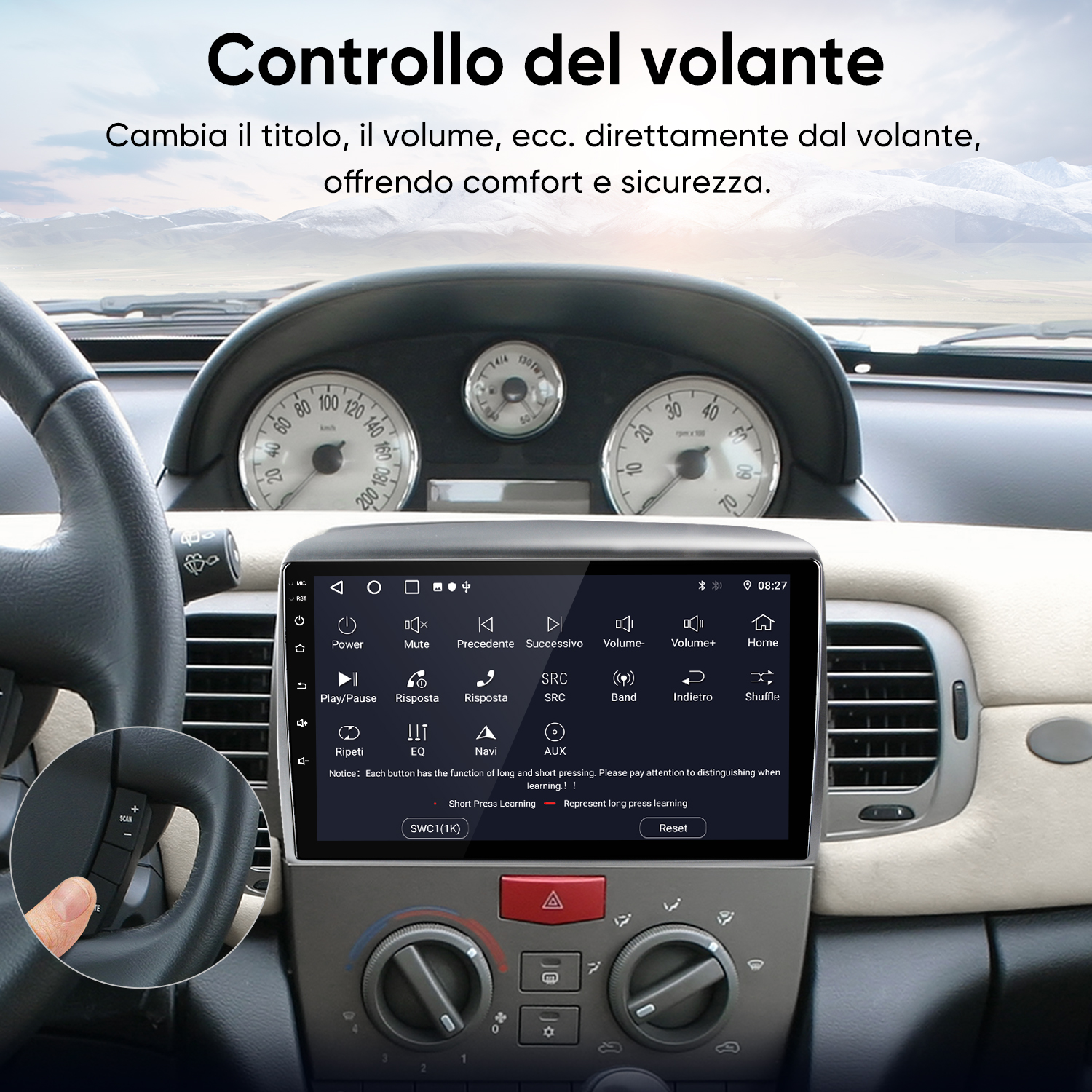 Vista interna auto con grande display touchscreen e comandi al volante.