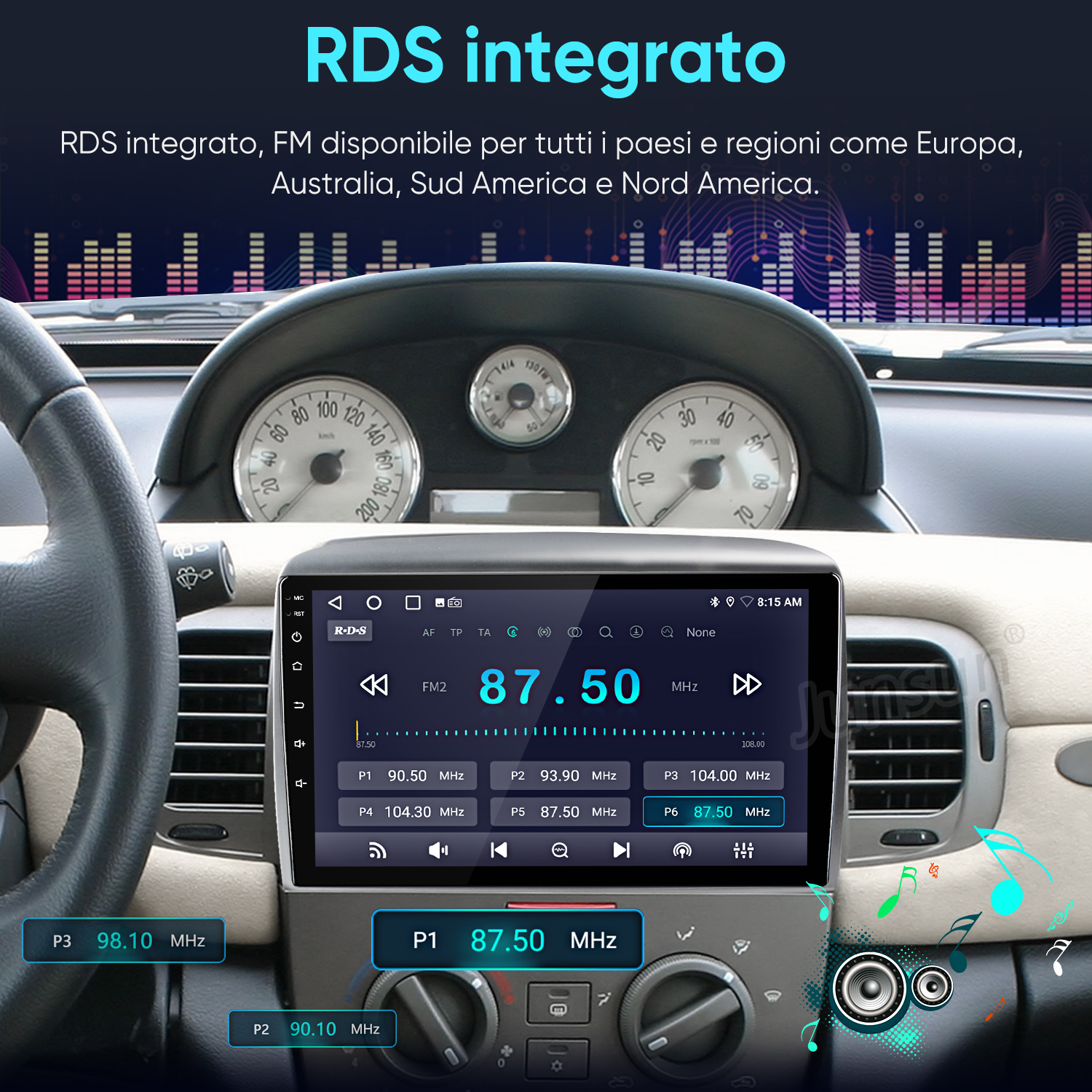 Cruscotto auto con grande autoradio touchscreen che mostra informazioni RDS.