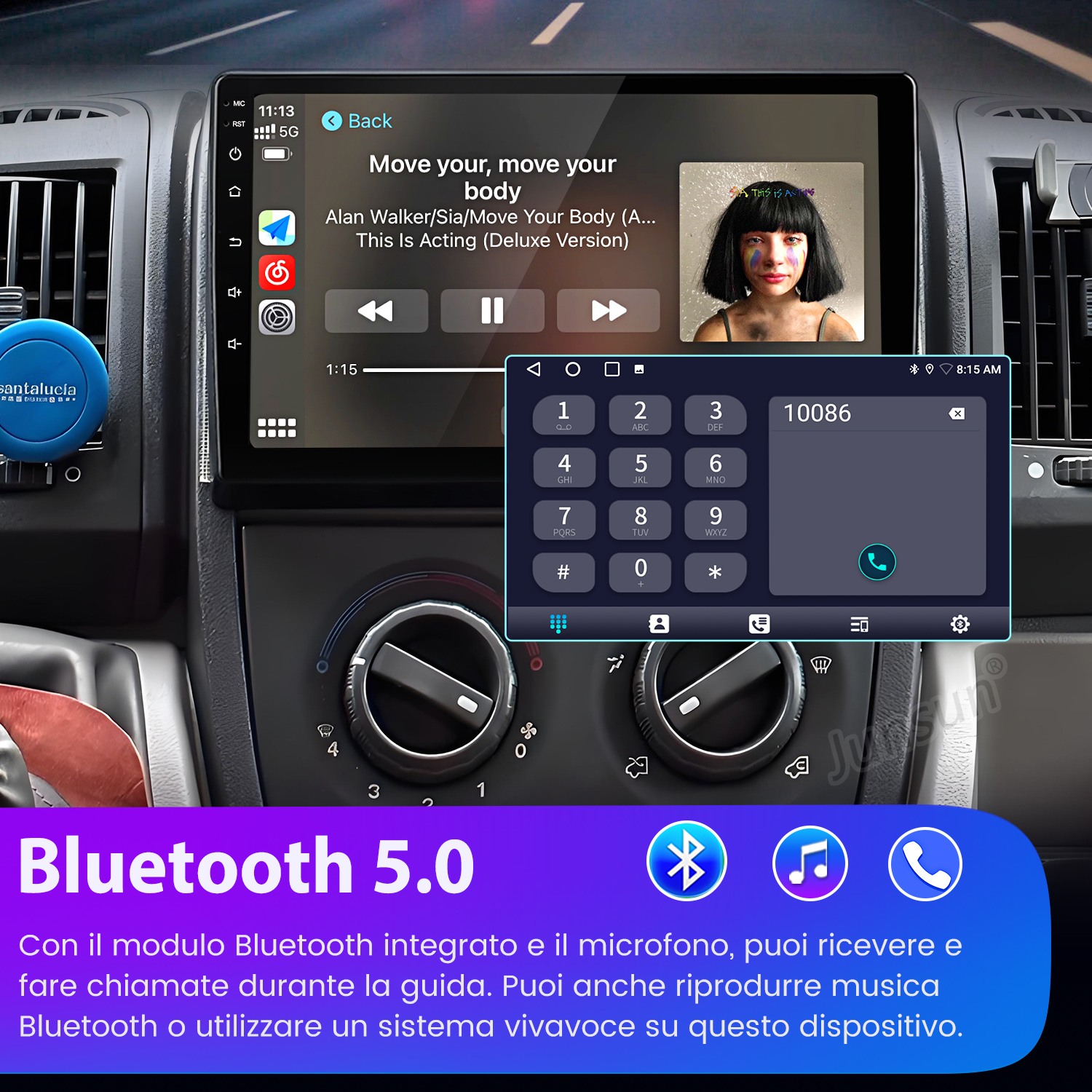 Display auto con musica e tastierino. Sotto testo Bluetooth 5.0 in italiano.