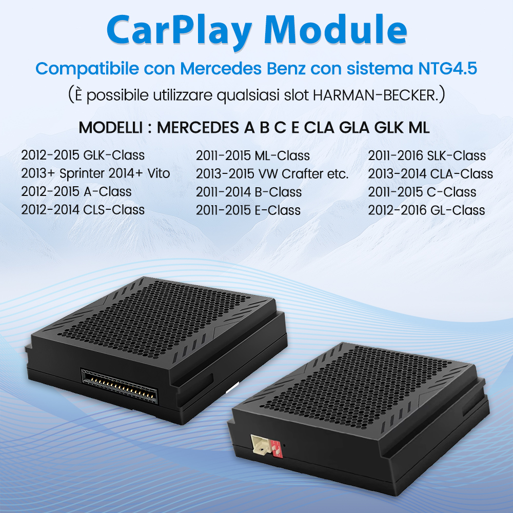 Due moduli CarPlay neri per Mercedes-Benz con elenco modelli compatibili.
