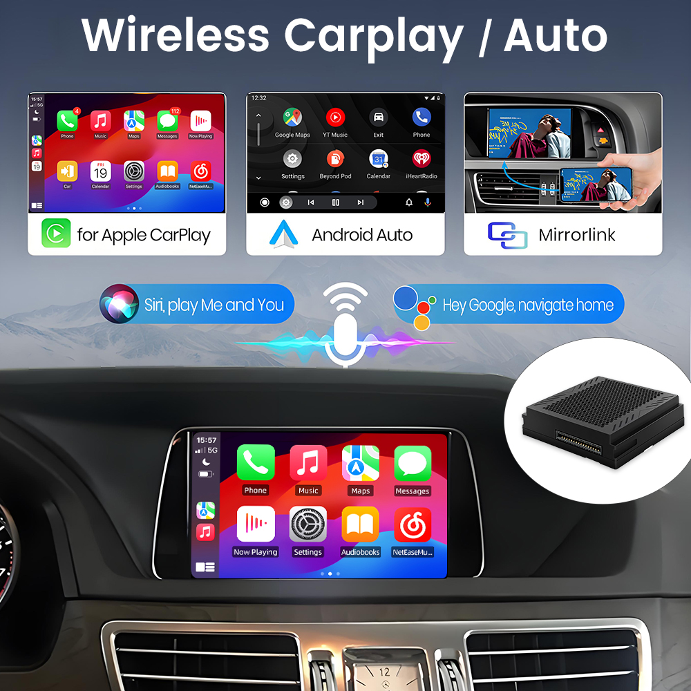 Interno auto con display per Apple CarPlay, Android Auto, Mirrorlink e un piccolo dispositivo.