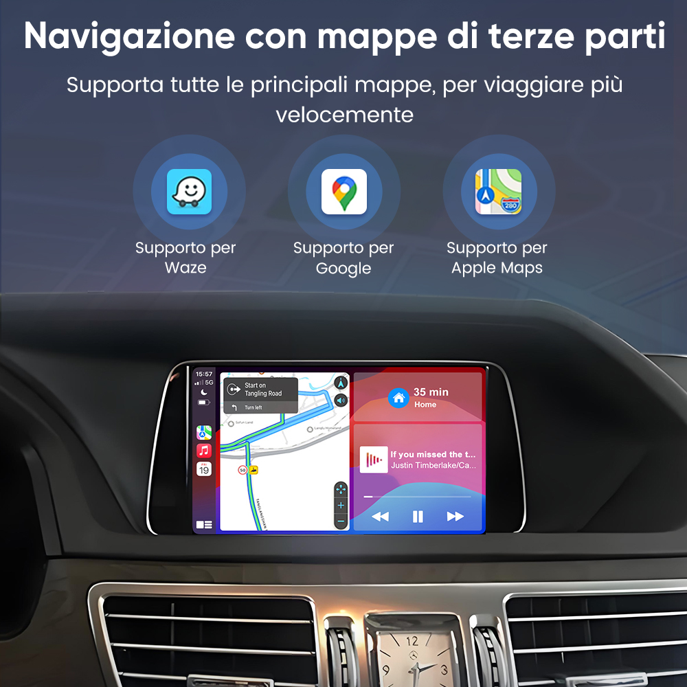 Navigazione con mappe di terze parti: Waze, Google, Apple Maps sul display dell'auto.