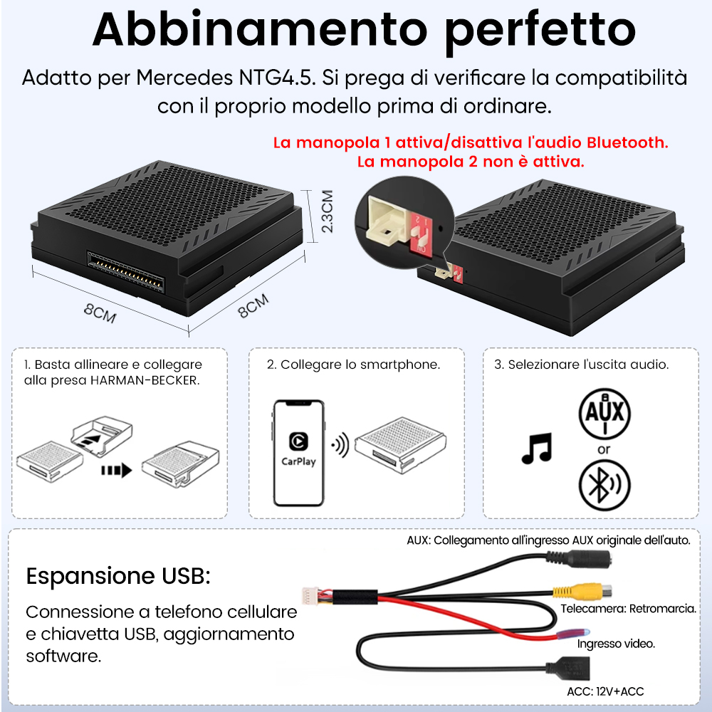 Centralina nera per Mercedes NTG4.5 con istruzioni di installazione.