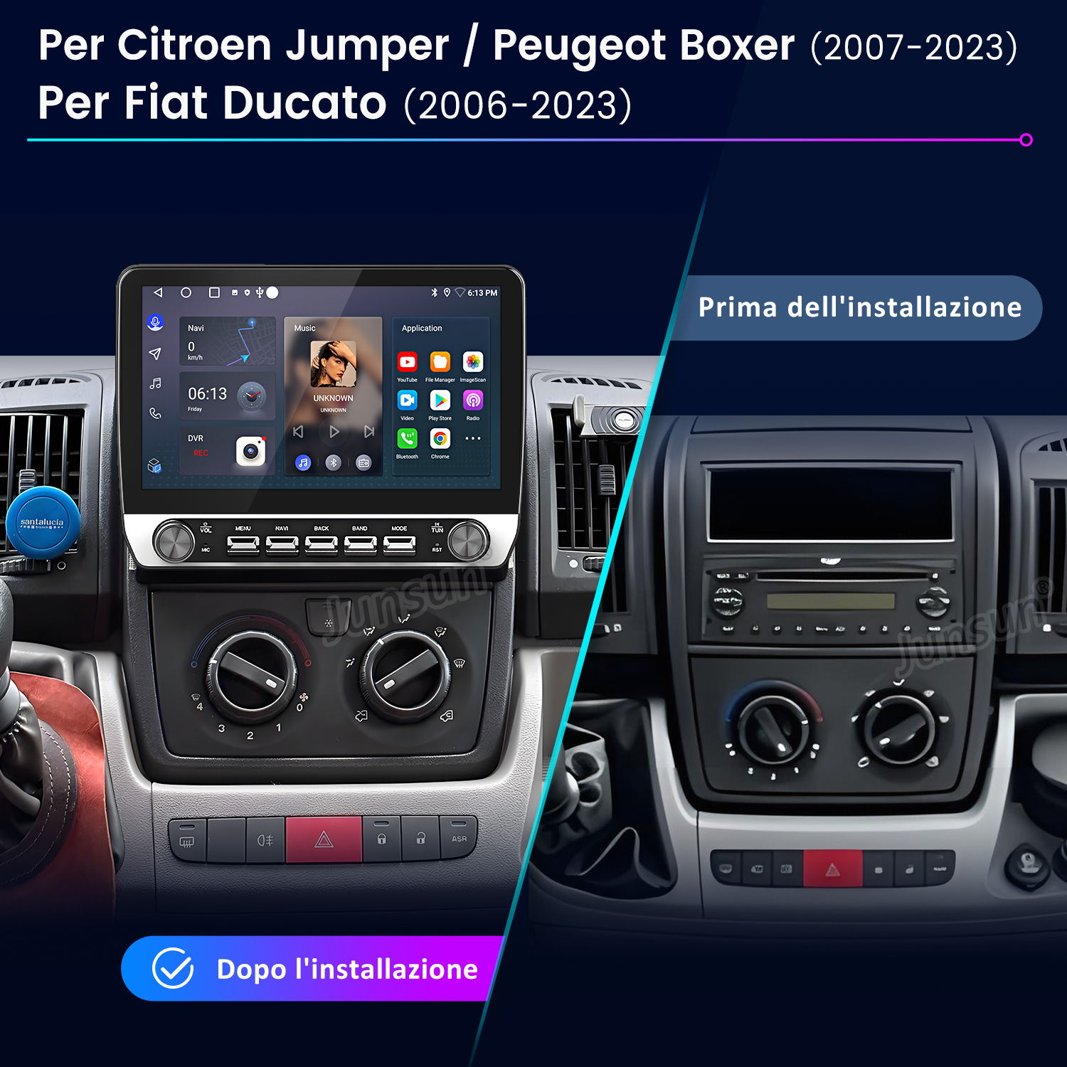 Immagine divisa del cruscotto prima e dopo l'installazione dell'autoradio.