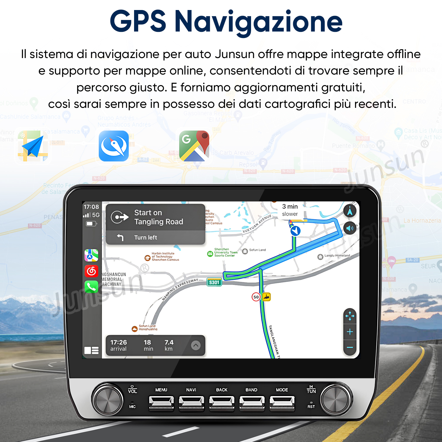 Un navigatore per auto mostra una mappa con percorso e indicazioni stradali.