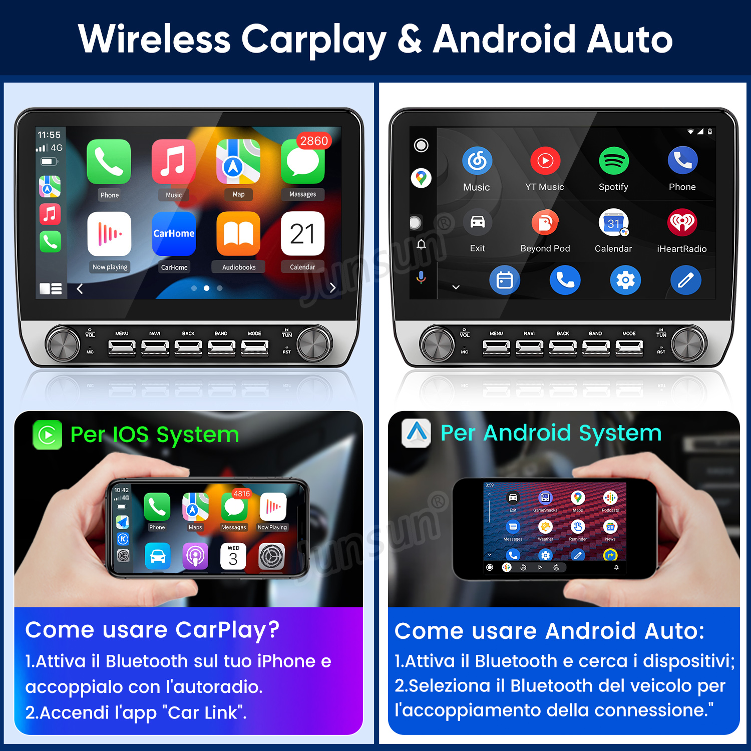 Quattro schermi mostrano CarPlay e Android Auto wireless su sistemi di infotainment per auto.