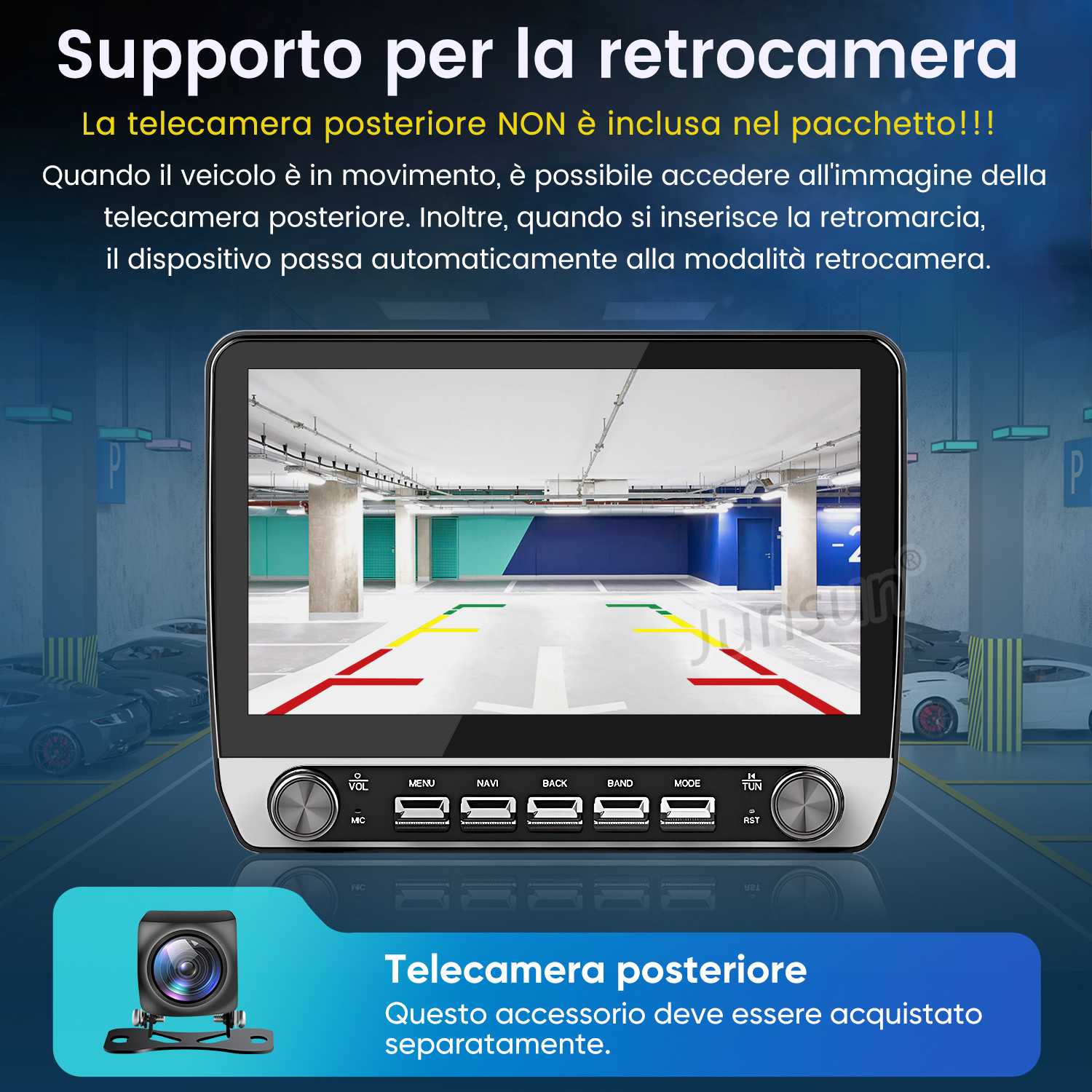 Un autoradio mostra la vista di un parcheggio da una telecamera posteriore.