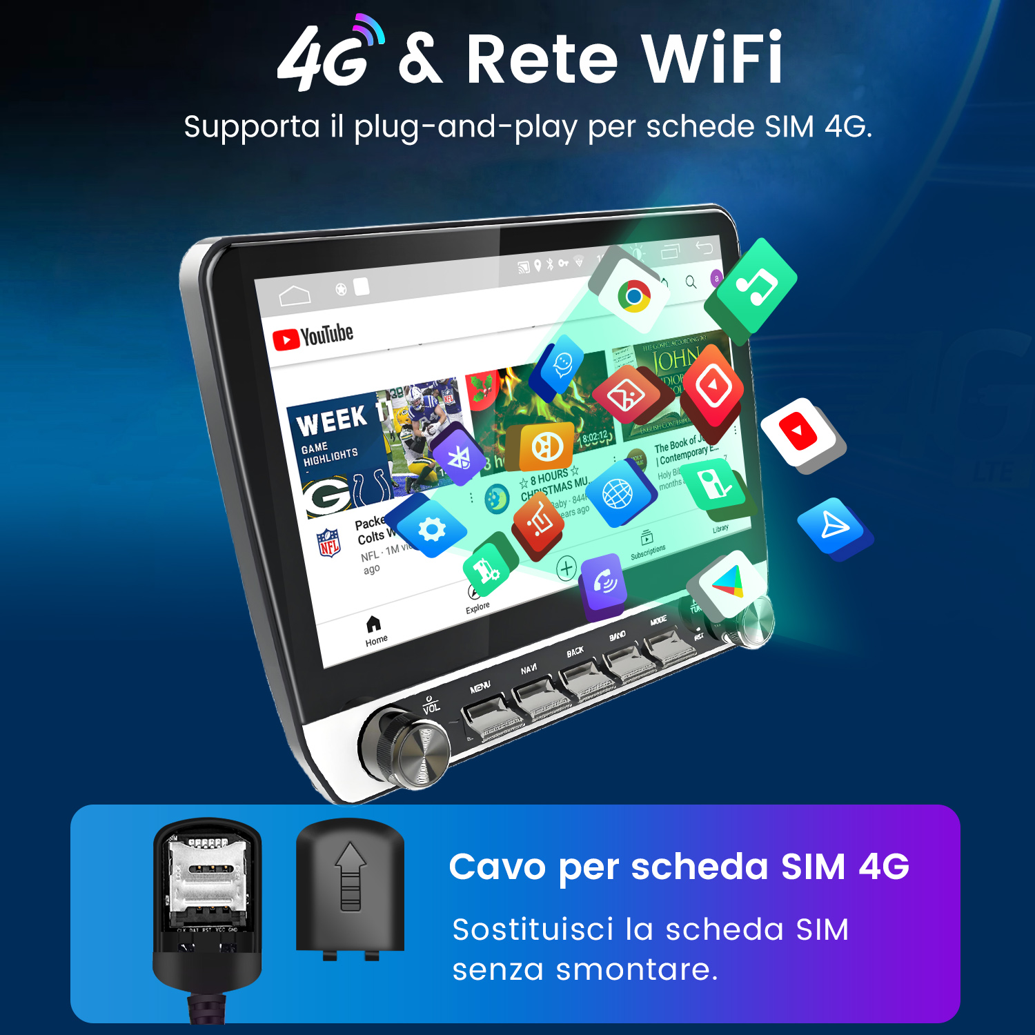Autoradio con app YouTube, icone e slot SIM.