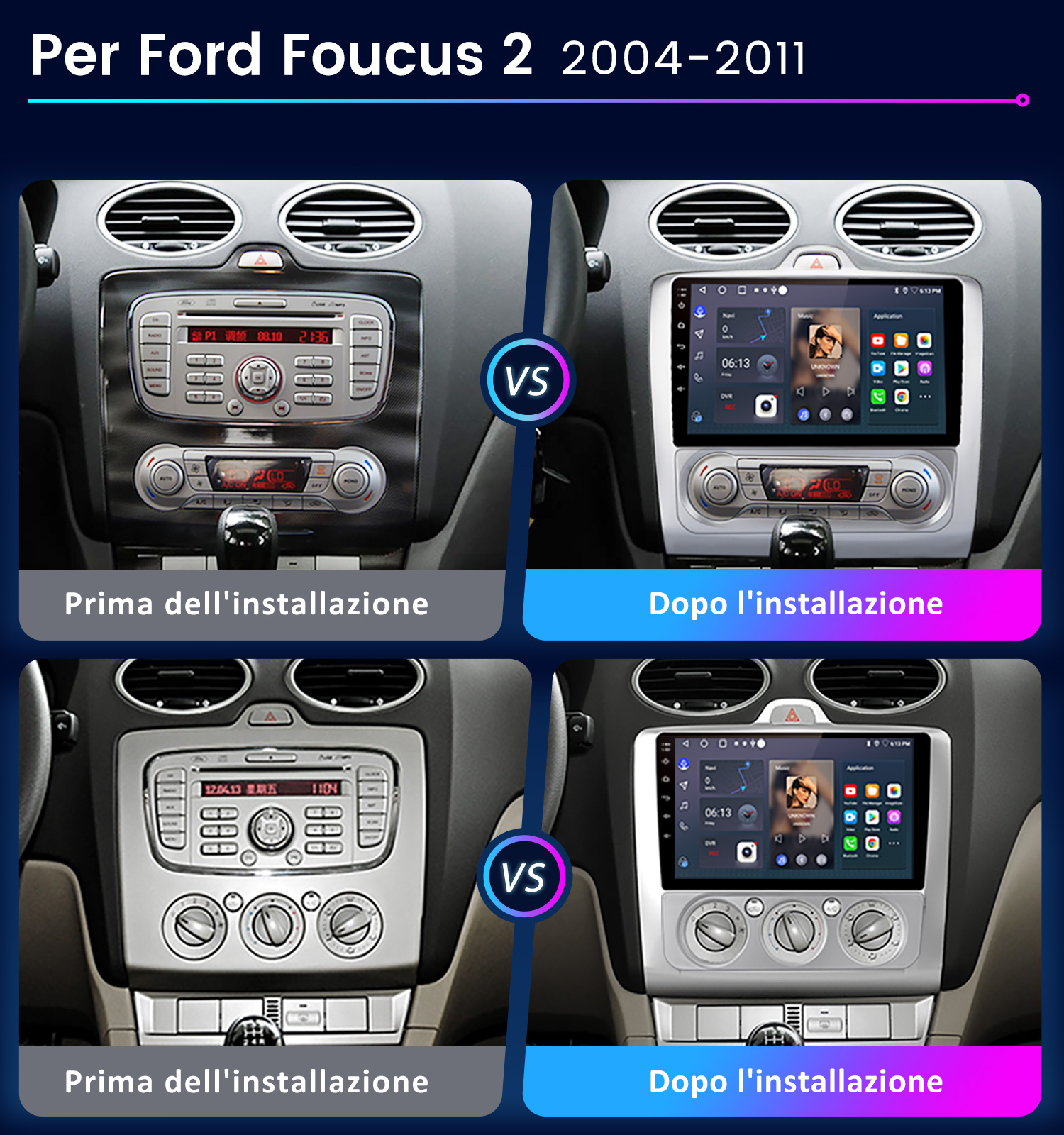 Confronto autoradio Ford Focus 2 prima e dopo installazione, analogico vs digitale.