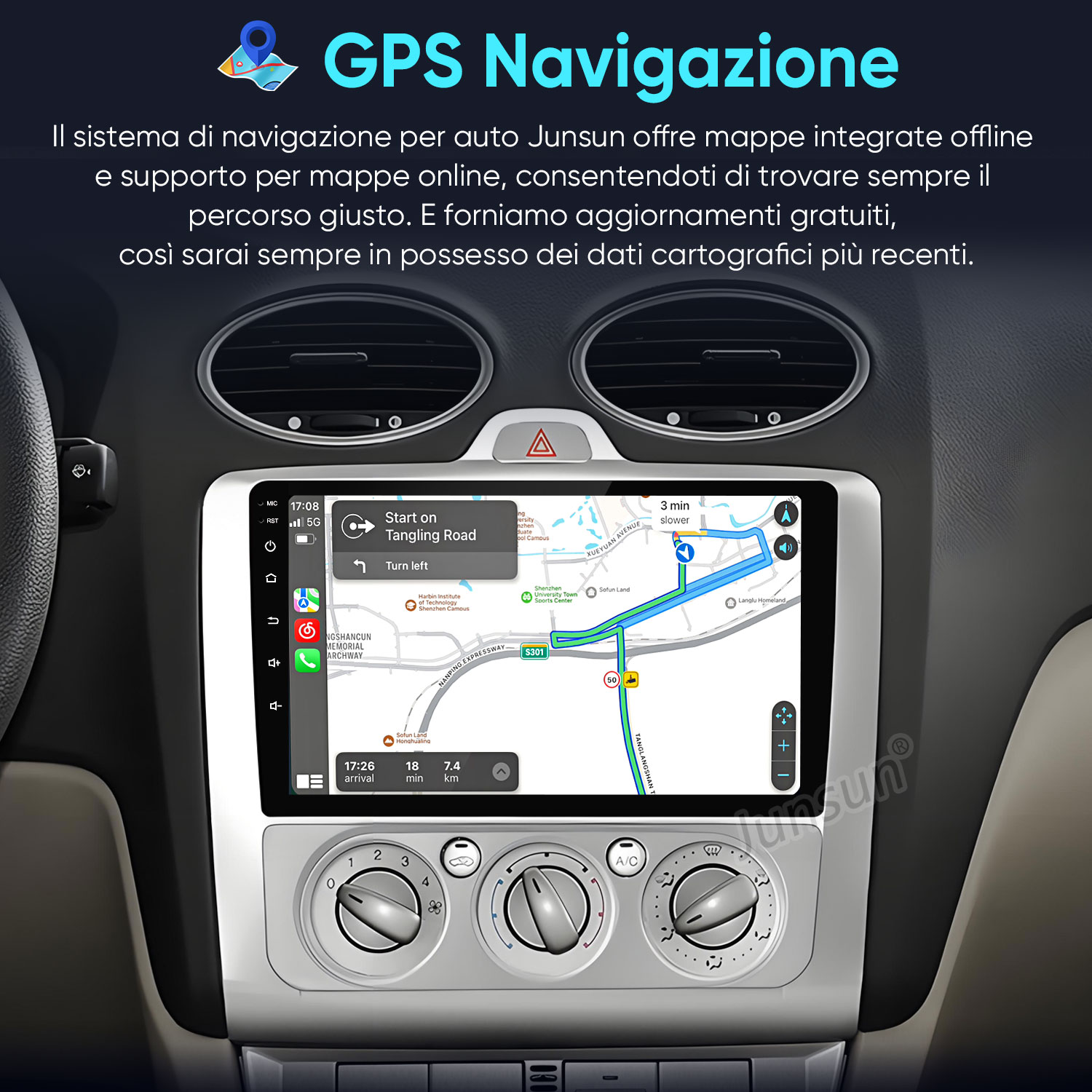 Cruscotto auto con schermo di navigazione GPS che mostra un percorso.