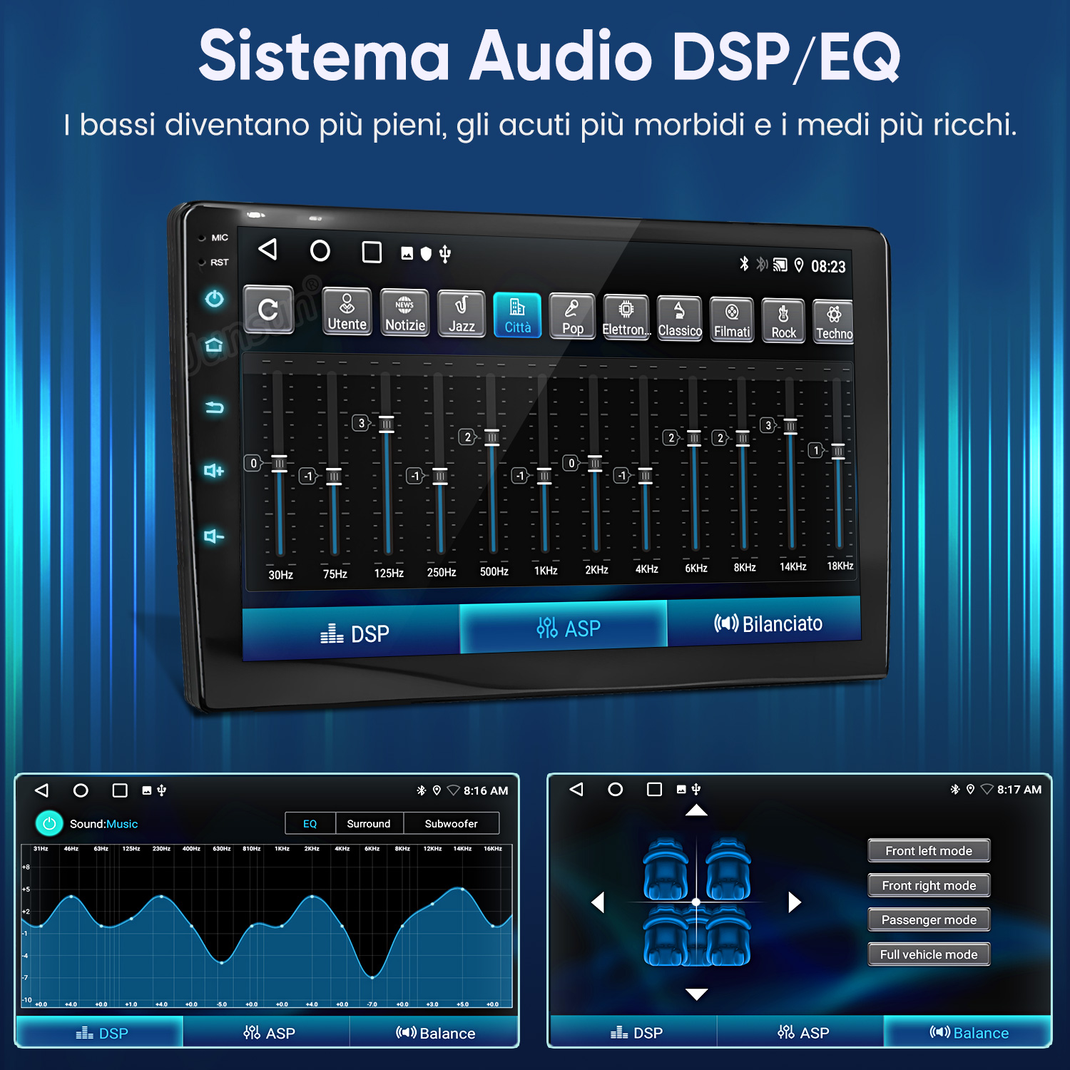 Schermo autoradio mostra impostazioni audio DSP/EQ con slider equalizzatore.