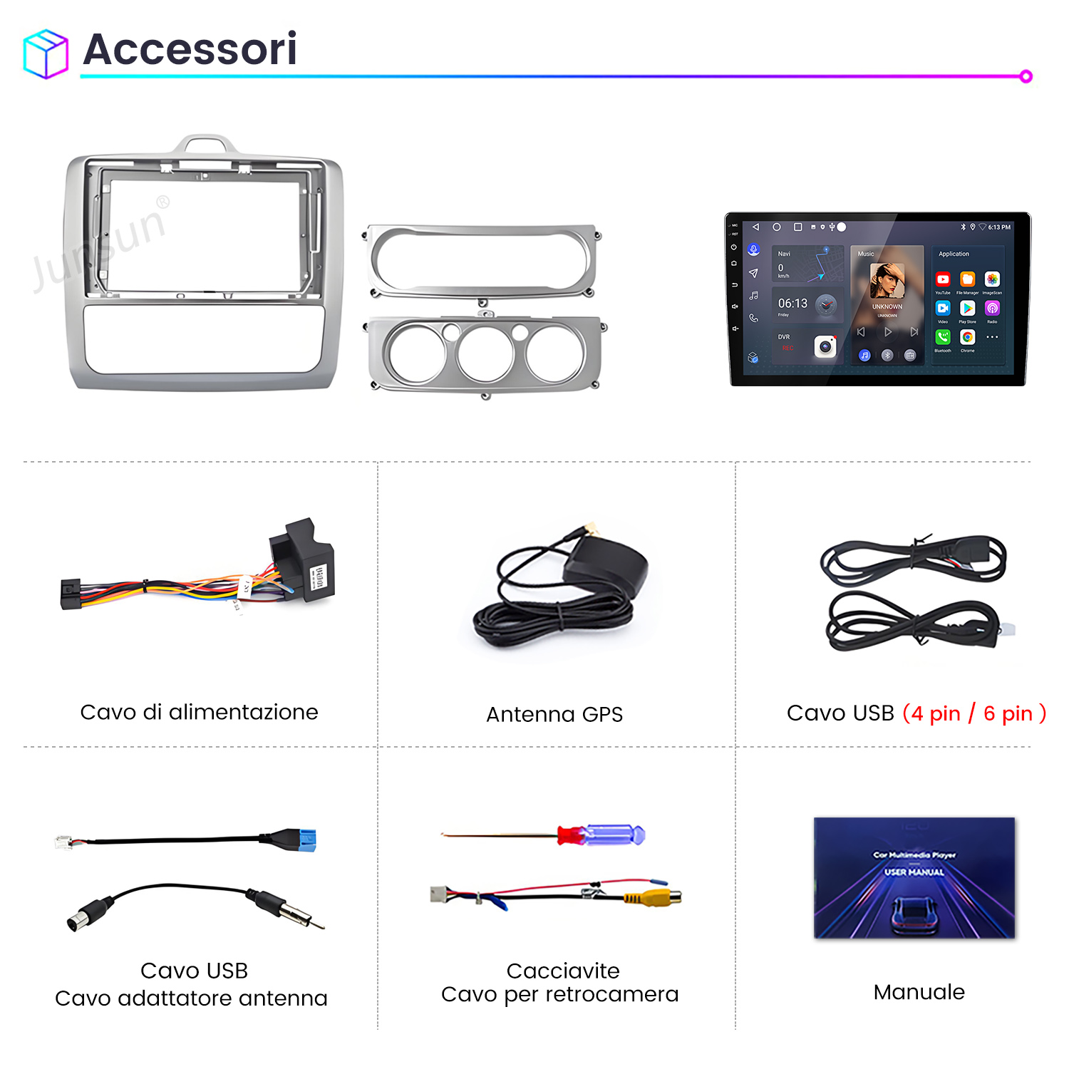 Accessori: Cornice auto, display, cavi, antenna, cacciavite, manuale.