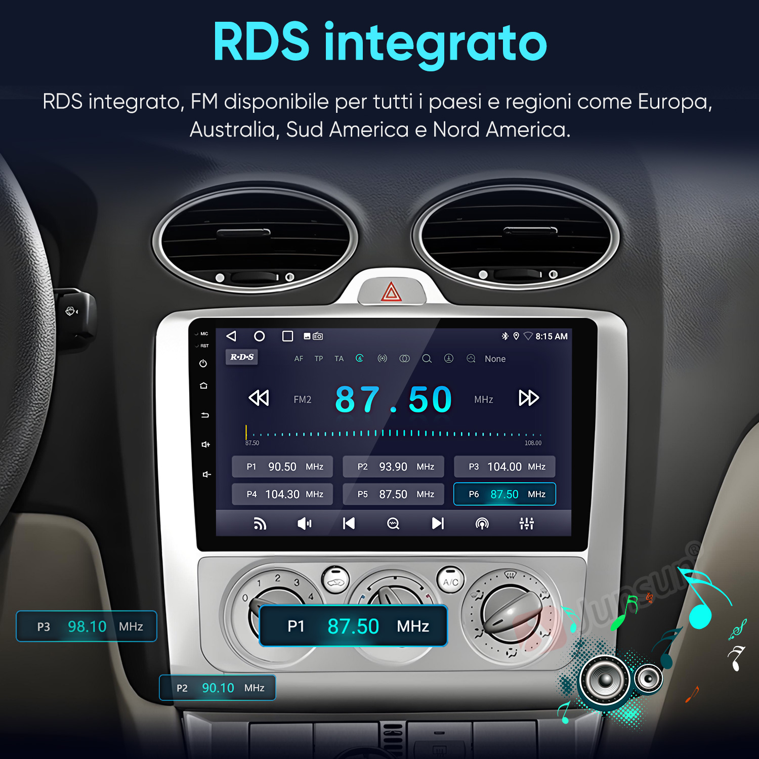 Cruscotto auto con autoradio touchscreen che mostra frequenze FM.