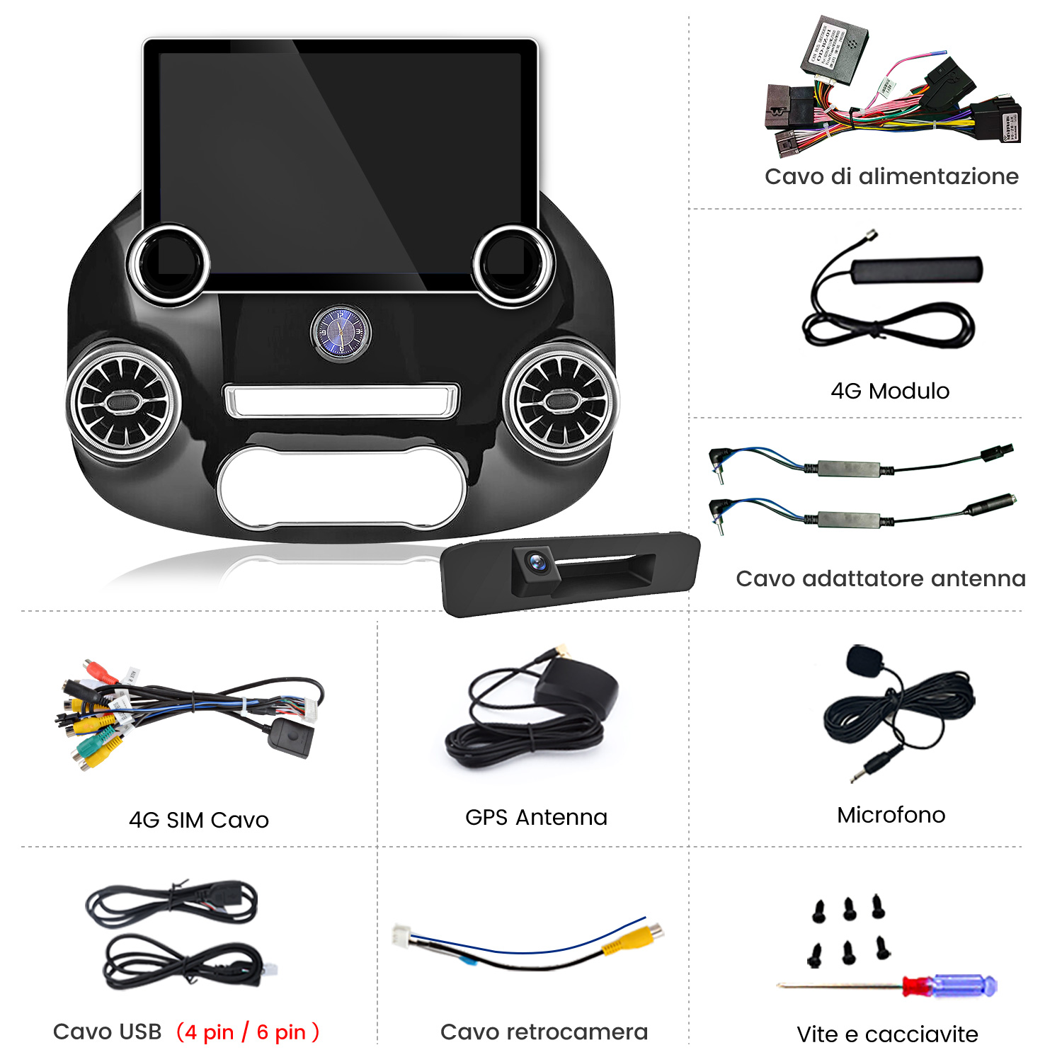 Immagine mostra kit installazione autoradio con vari cavi, antenne, microfono, viti e cacciavite.