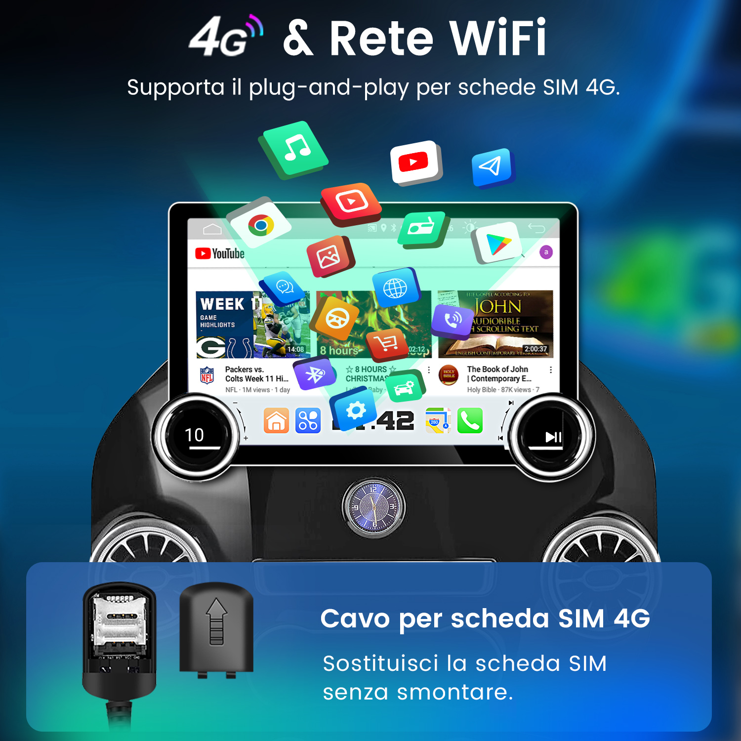 Un tablet mostra app, note musicali e un libro. Sotto ci sono adattatori SIM 4G.