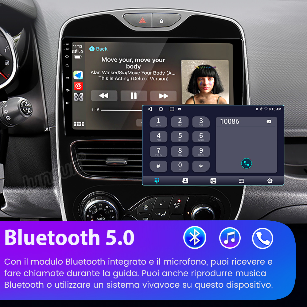 Display auto con titolo musicale e tastierino numerico. Sotto testo Bluetooth 5.0.
