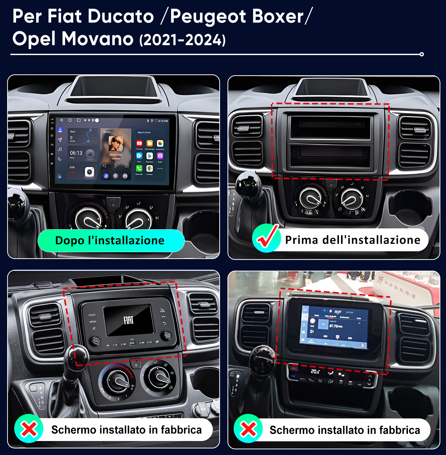 Vista cruscotto prima e dopo installazione schermo infotainment Fiat Ducato.