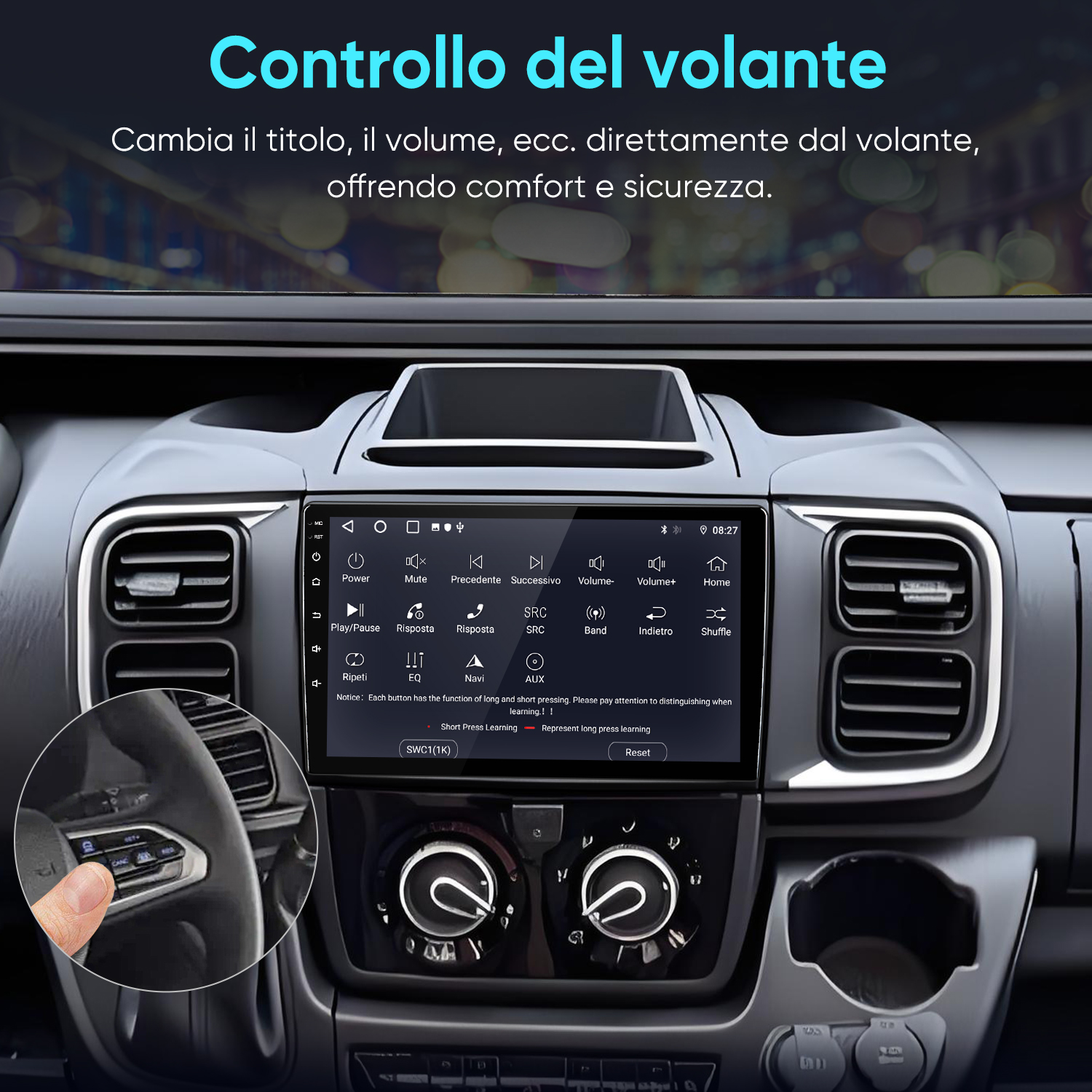 Un dito aziona il display di una radio per auto con comandi al volante. Messa a fuoco sul touch.