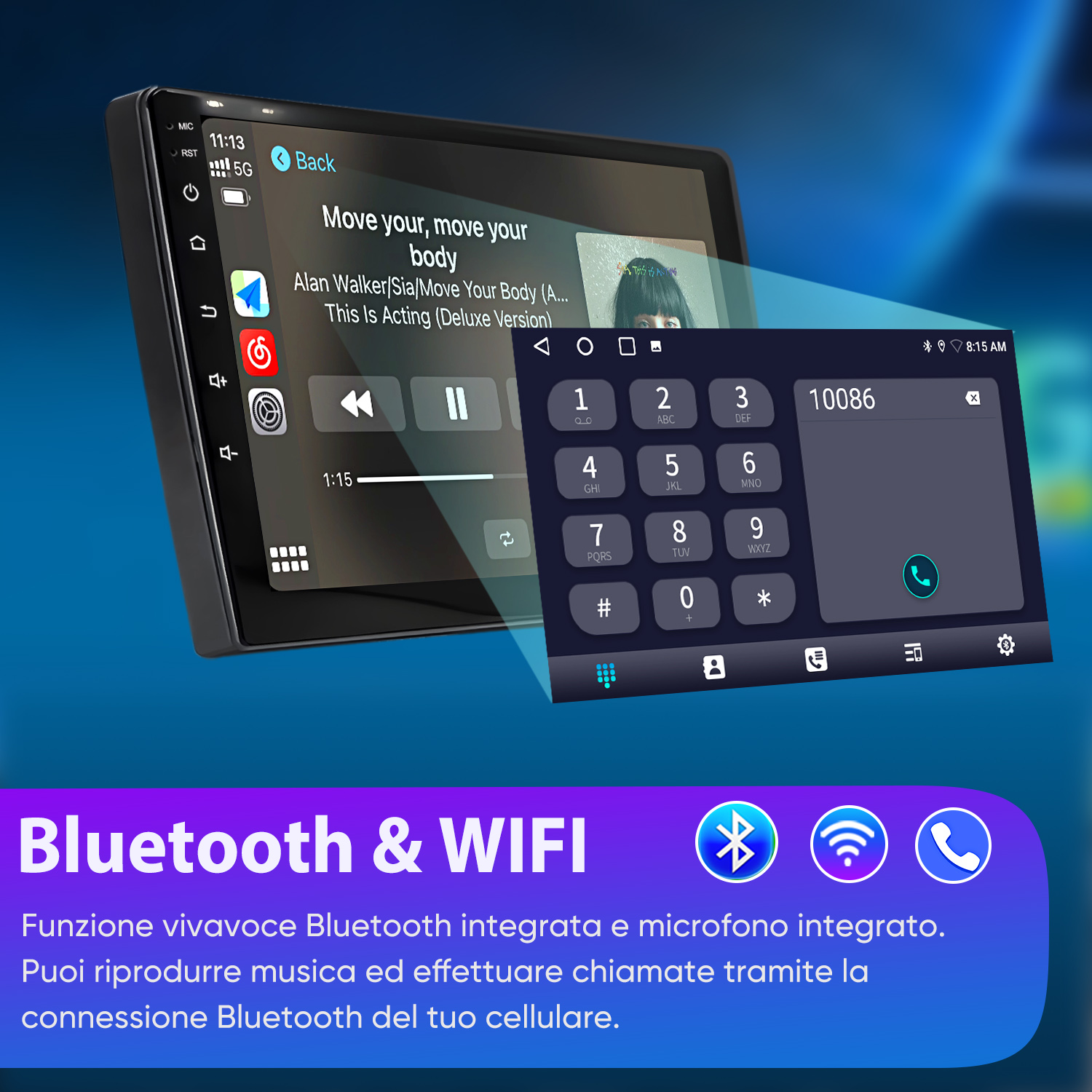 Autoradio mostra riproduzione musicale e tastierino. Sotto: icone Bluetooth e WiFi.