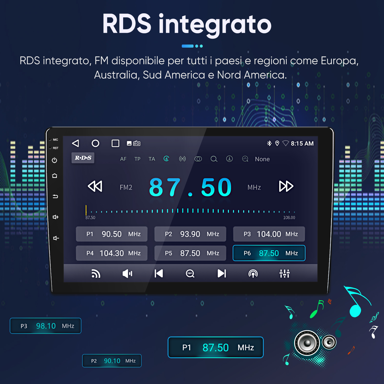 Autoradio con display RDS mostra FM2 87.50 MHz e stazioni salvate.