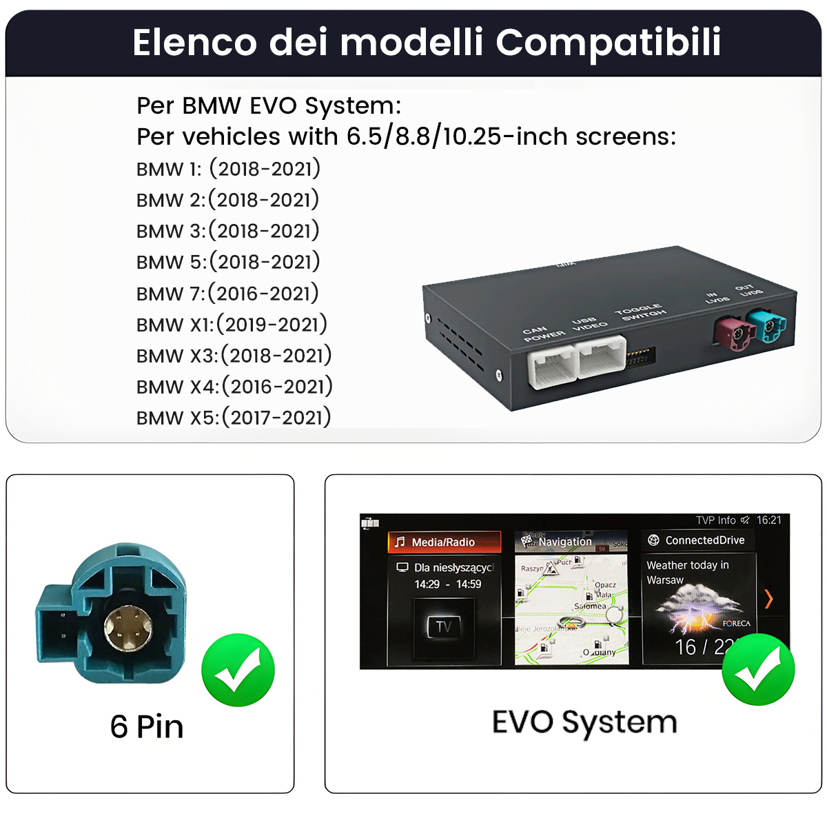 Elenco compatibilità sistema BMW EVO con schermi da 6.5-10.25 pollici.