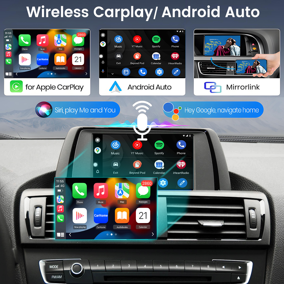 Sistema di infotainment per auto che mostra le interfacce Apple CarPlay, Android Auto e Mirrorlink.