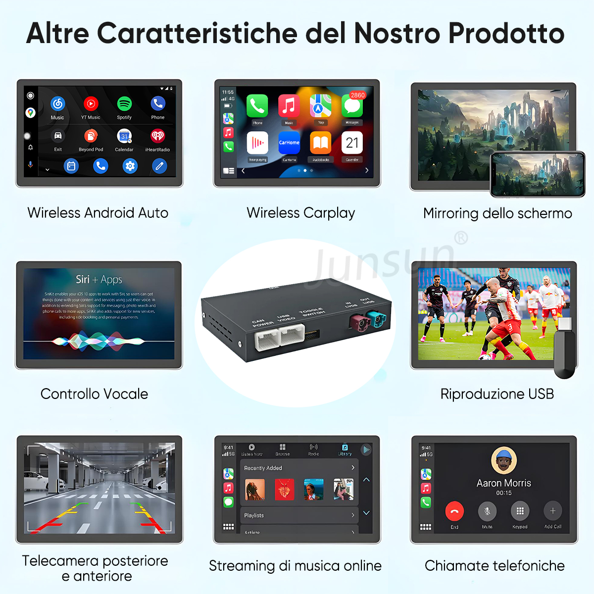 Caratteristiche del prodotto: Android Auto, CarPlay, mirroring dello schermo, controllo vocale, riproduzione USB, telecamere, musica, telefono.