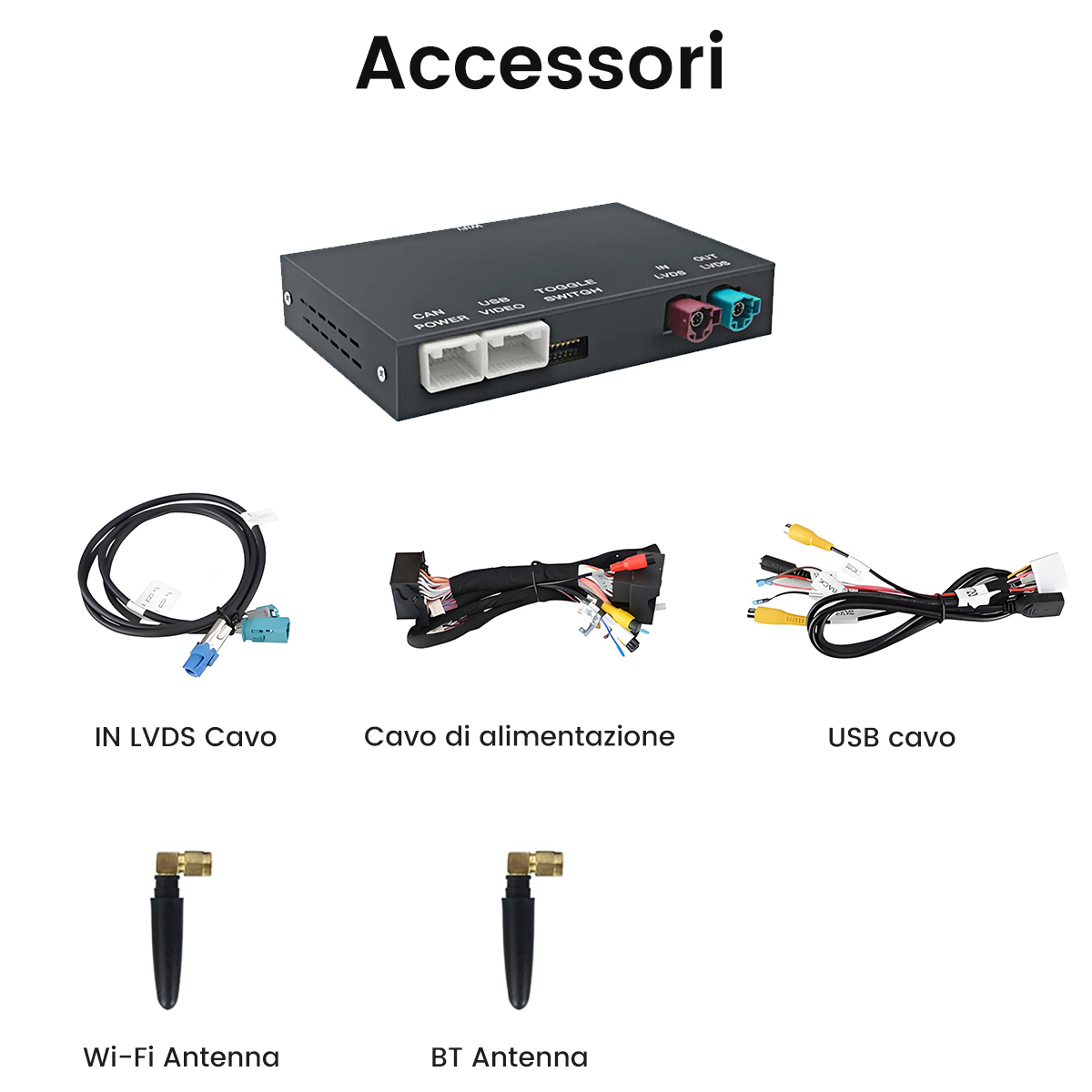 Accessori: modulo principale, cavo alimentazione, cavo LVDS, cavo USB, antenne Wi-Fi e BT.