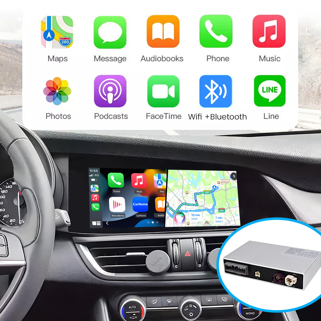 Interfaccia CarPlay con icone app e mappa di navigazione in auto. Scatola aggiuntiva.
