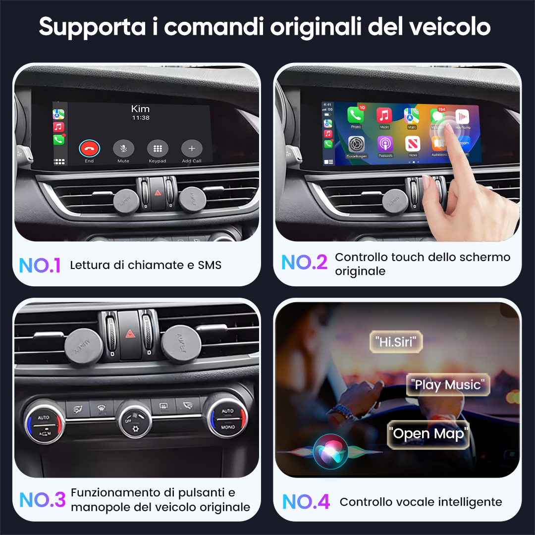 Quattro schermi mostrano funzioni infotainment auto: chiamate, touchscreen, pulsanti e controllo vocale.