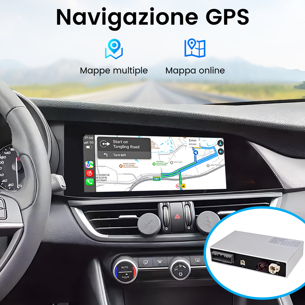 Cruscotto auto con schermo di navigazione GPS, testo e dispositivo.