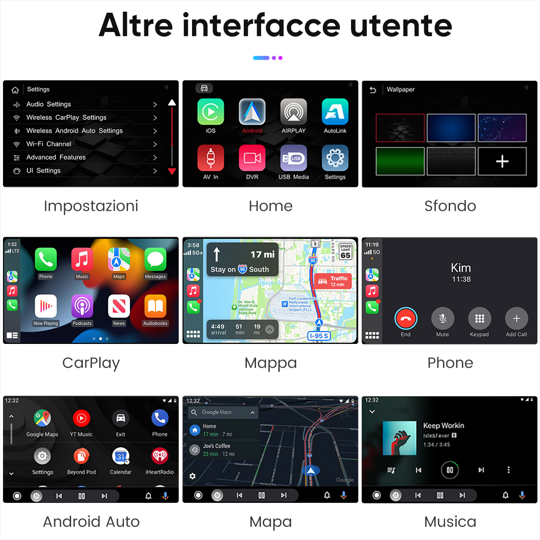 Screenshot di interfacce del telefono: Impostazioni, Home, Sfondo, CarPlay, Mappe, Telefono, Android Auto, Mappe, Musica.
