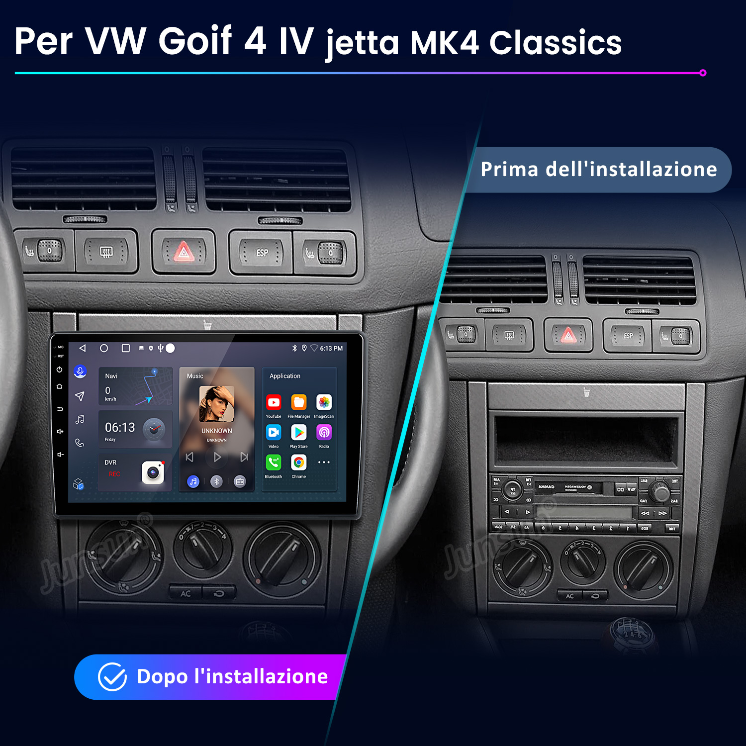 Confronto prima e dopo del cruscotto VW Golf 4, con unità radio vecchie e nuove.
