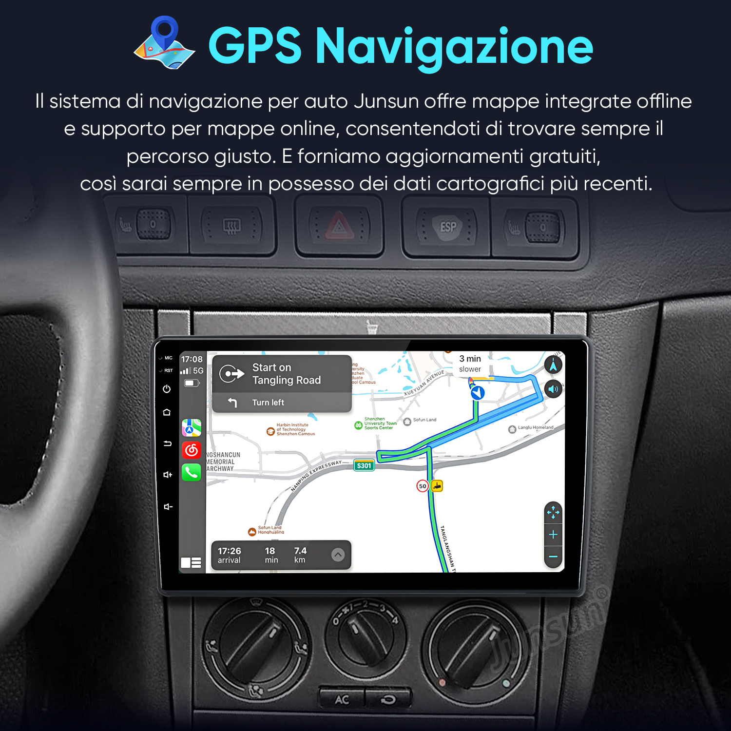 Sistema di navigazione auto mostra mappa con percorso, orario di arrivo e distanza.