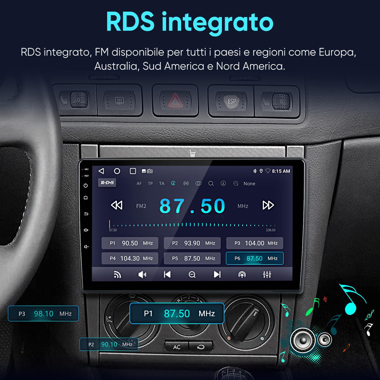 Il display di una radio per auto mostra FM 87.50 MHz con stazioni preimpostate.