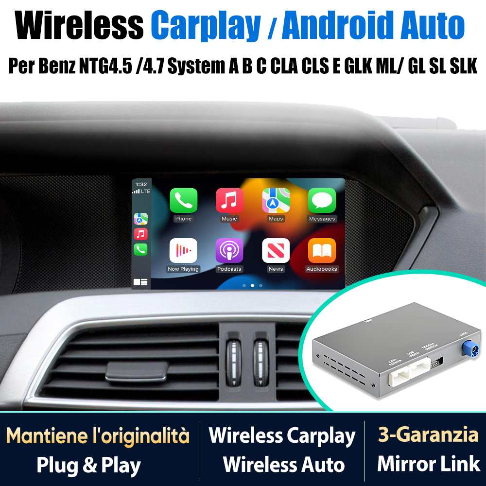 Carplay/Android Auto nel display auto con icone app e modulo accessorio.