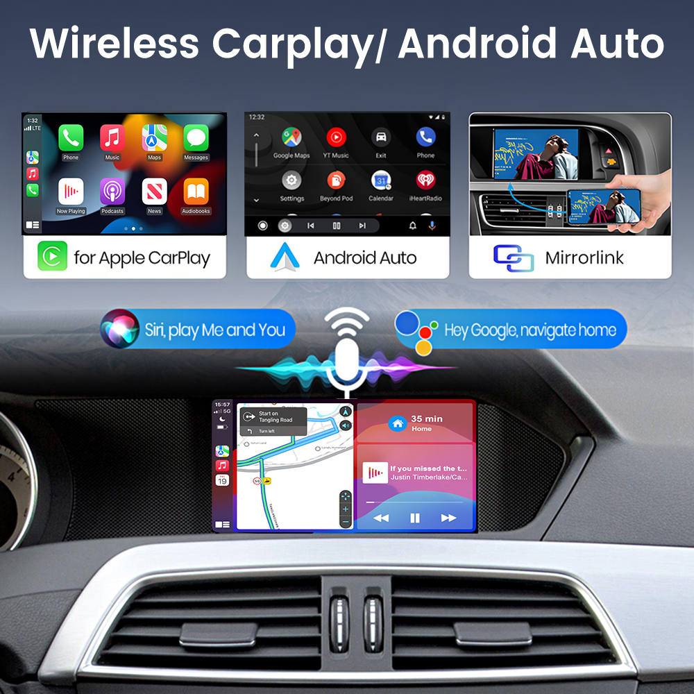 Cruscotto dell'auto che mostra le opzioni Apple CarPlay, Android Auto e Mirrorlink.