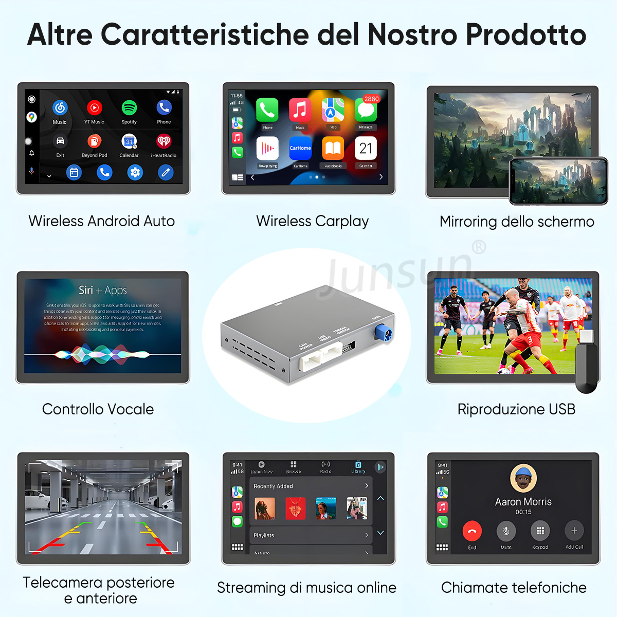 Caratteristiche del prodotto: Android Auto, Carplay, Mirroring dello schermo, Controllo vocale, Riproduzione USB, Telecamera posteriore, Streaming musicale, Chiamate.