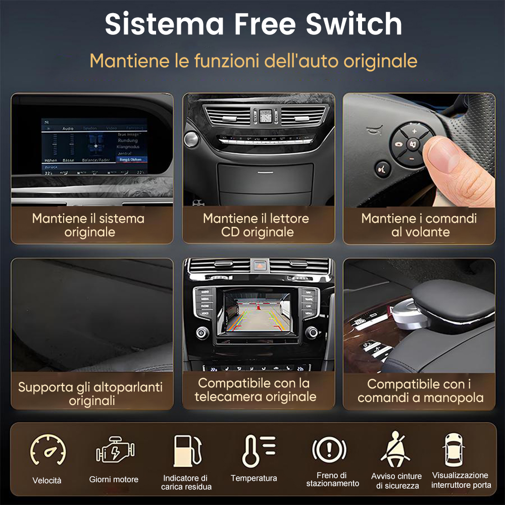 Display sistema auto: CD originale, volante, altoparlanti, telecamera, comandi.