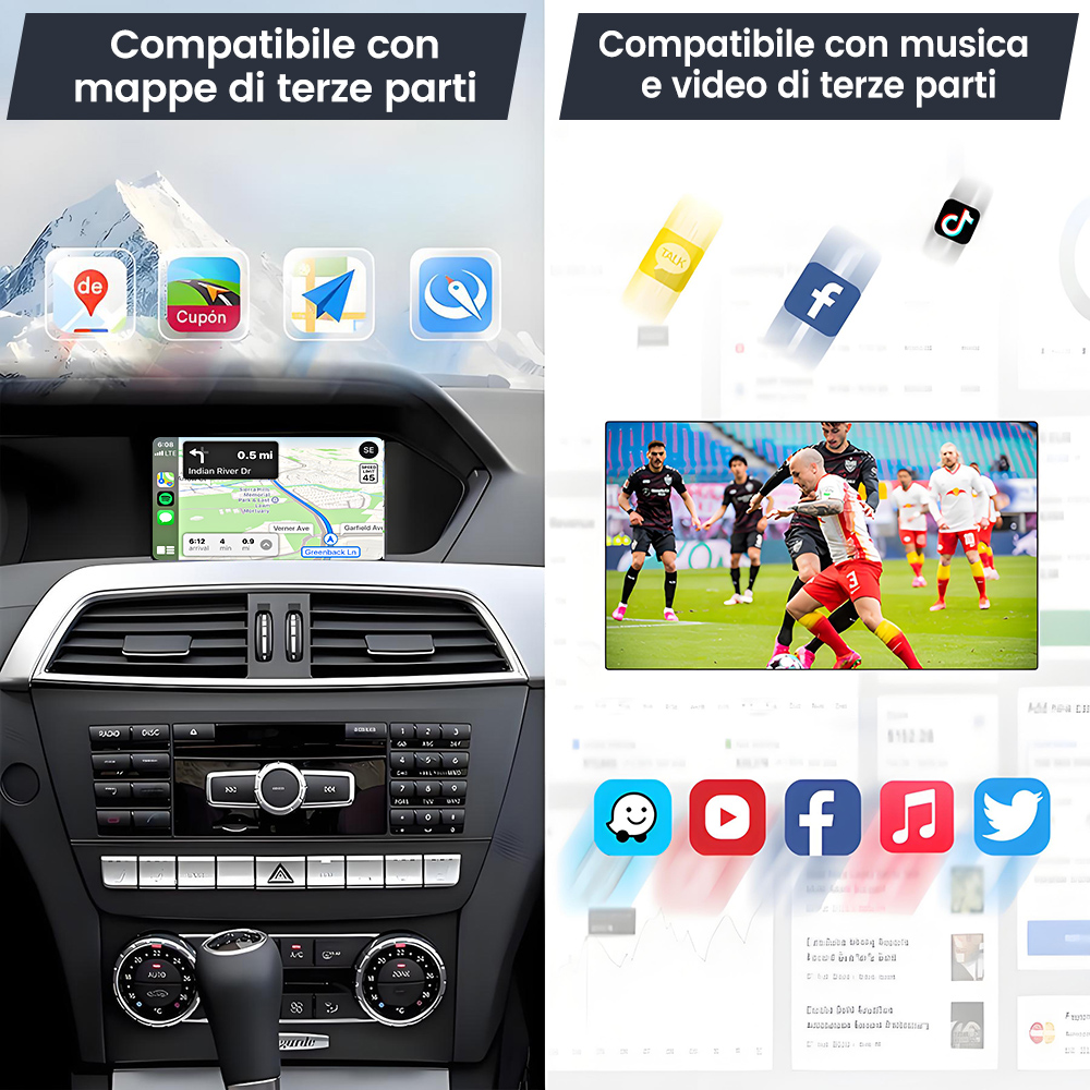 Sistema di navigazione per auto con app e calciatori.