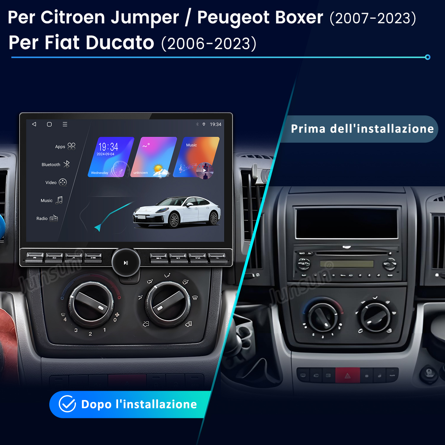 Confronto autoradio prima e dopo per Fiat Ducato, Citroen Jumper, Peugeot Boxer.