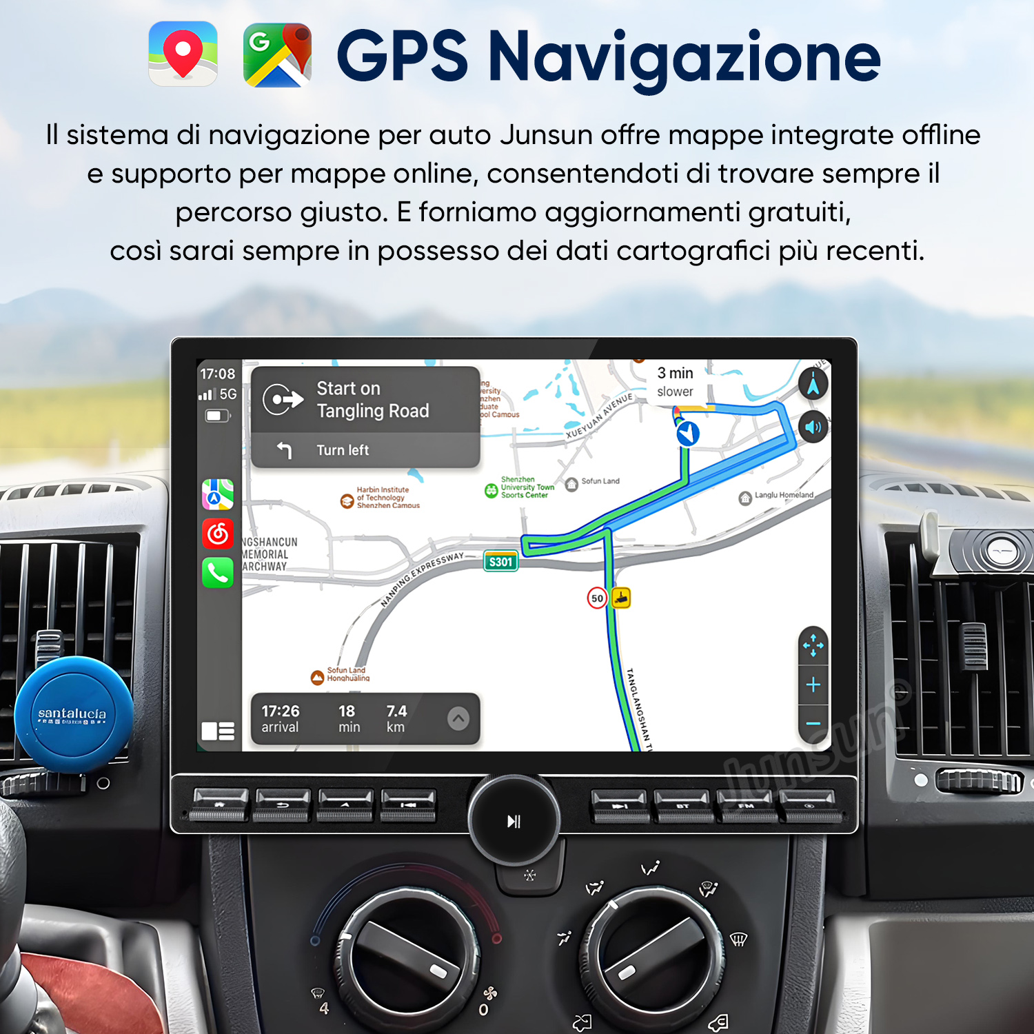 Sistema di navigazione auto mostra mappa con guida percorso. Bocchetta aria vicina.