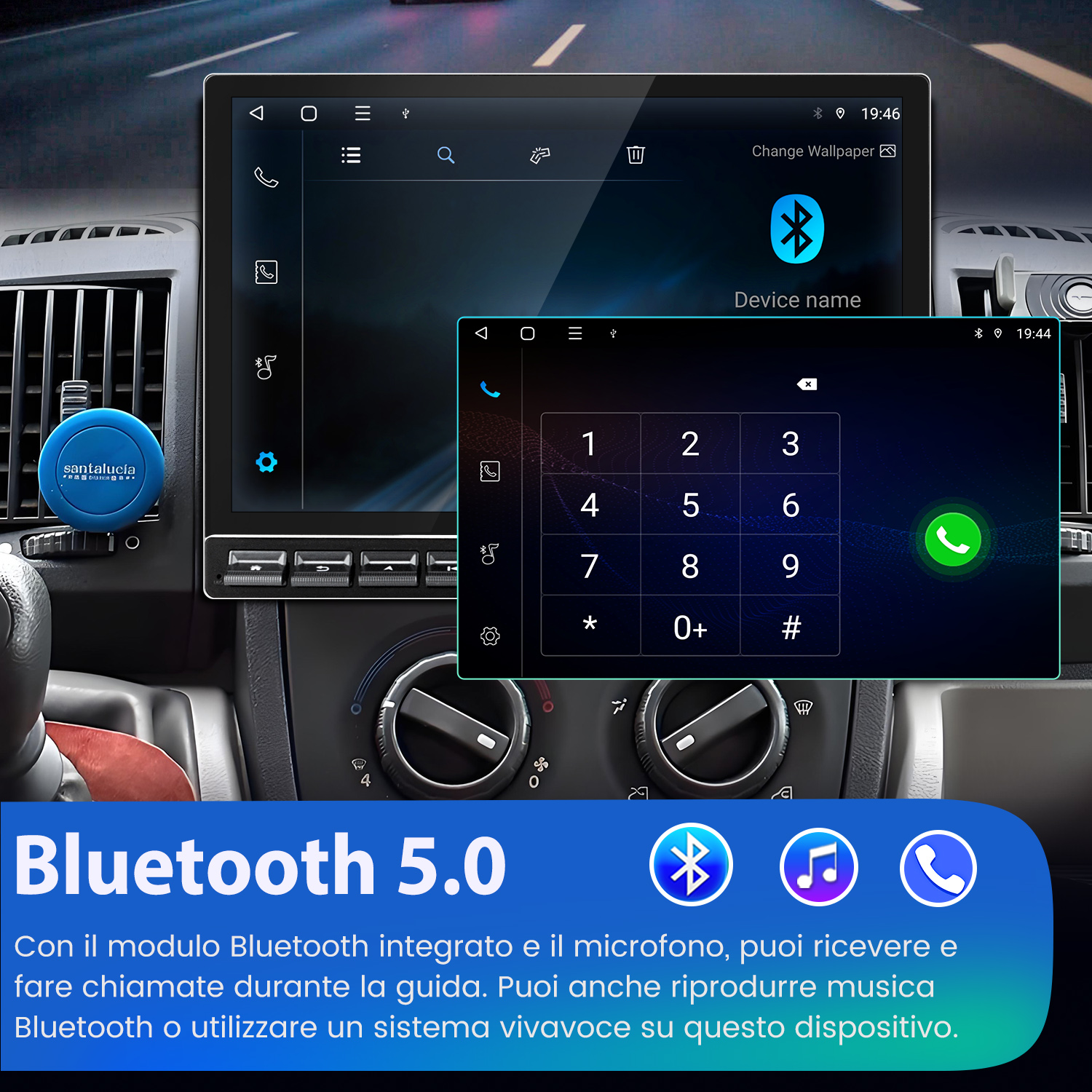 Sistema di infotainment per auto con connessione Bluetooth e tastierino.