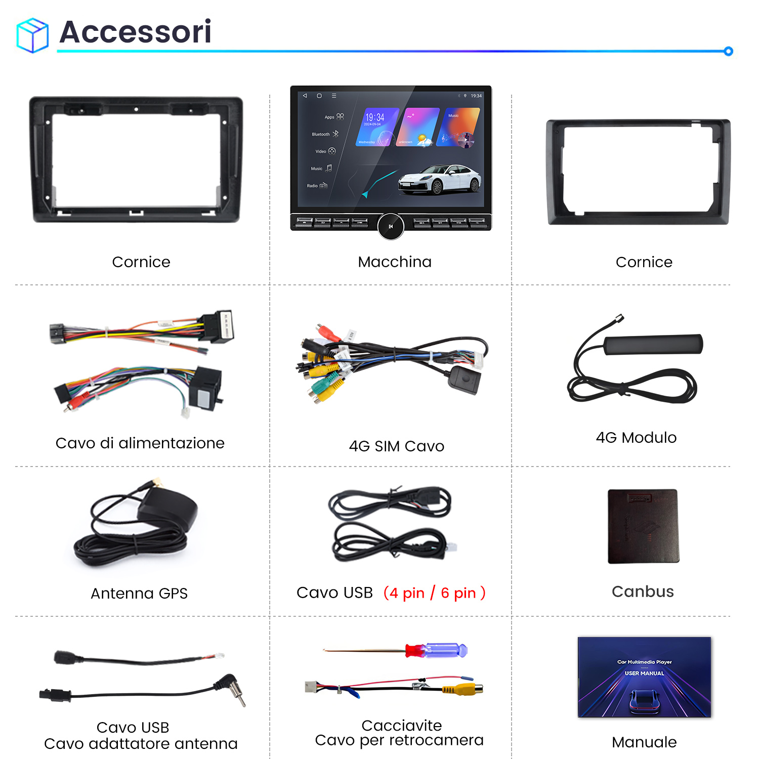Accessori auto: Cornici, autoradio, cavi, antenna GPS, modulo 4G, Canbus, manuale.