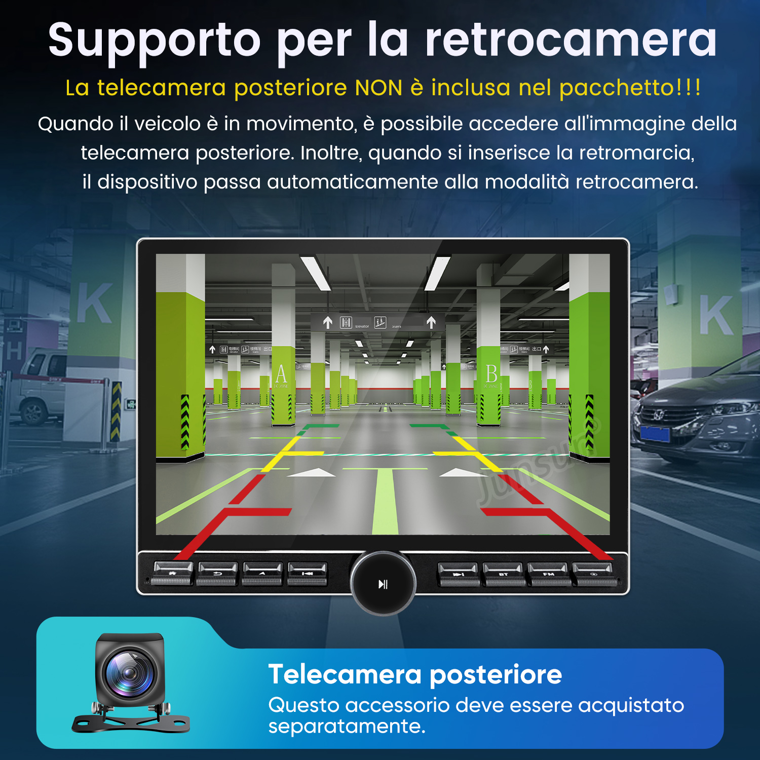 Schermo mostra vista parcheggio con telecamera e testo su telecamera posteriore.