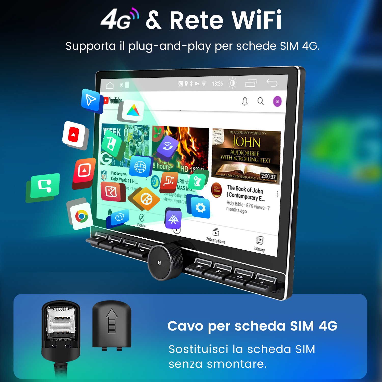 Tablet con app e slot SIM 4G. "4G & Rete WiFi".